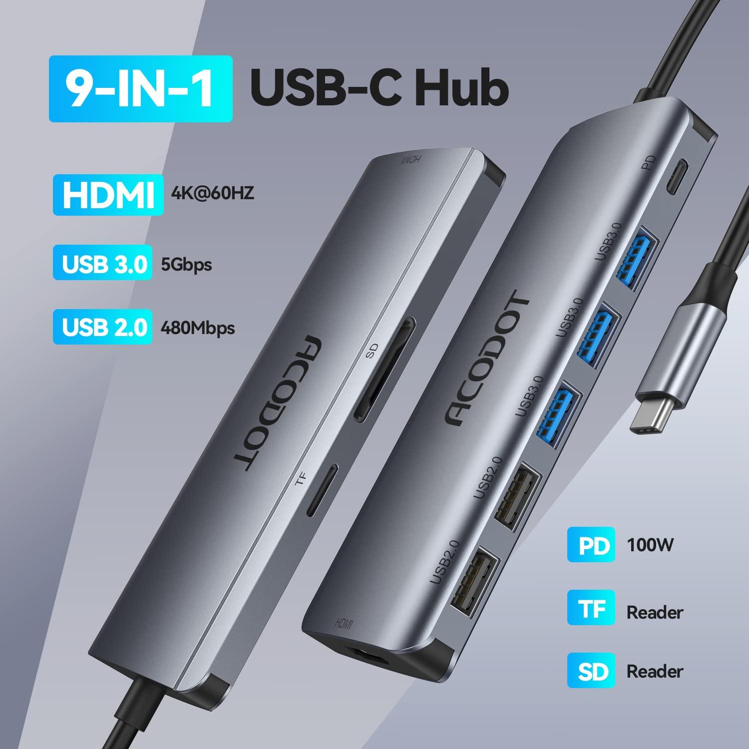 USB C Hub, Acodot 9 in 1 USB C to 4K@60HZ HDMI Multiport Adapter, 3 USB 3.0 Ports, SD/TF Card Reader, 100W PD, Desigend for MacBook Pro Air HP XPS and Other Type C Devices - Image 2