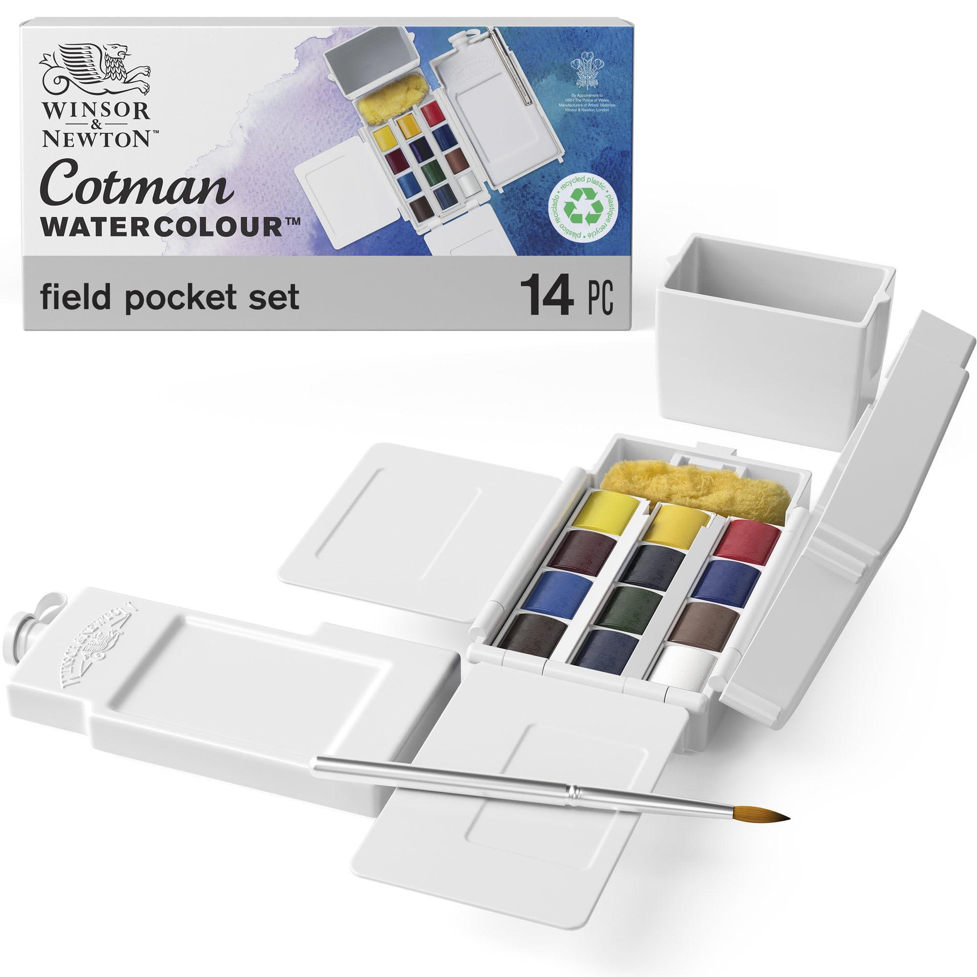 Winsor & Newton Cotman Watercolor Paint Set, Field Pocket Set, 12 Half Pan w/ Brush, Sponge, Bottle