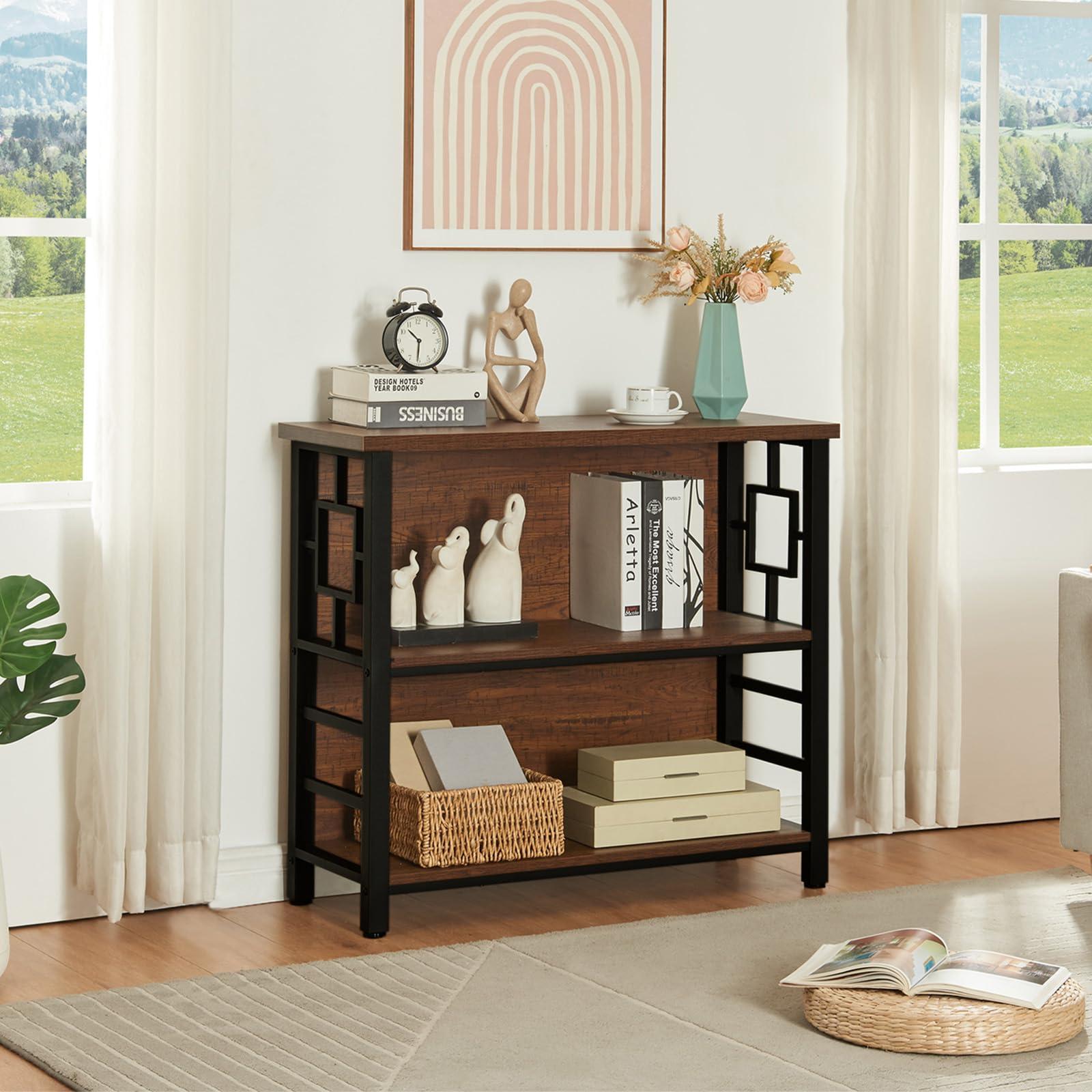 HOMISSUE Book Shelf, 3 Tier Deep Bookshelf with Storage, Engineered Wood and Metal Shelf Bookcase, Low Short Bookcases for Small Space, Living Room, Bedroom, Office, Rustic Brown - Image 7