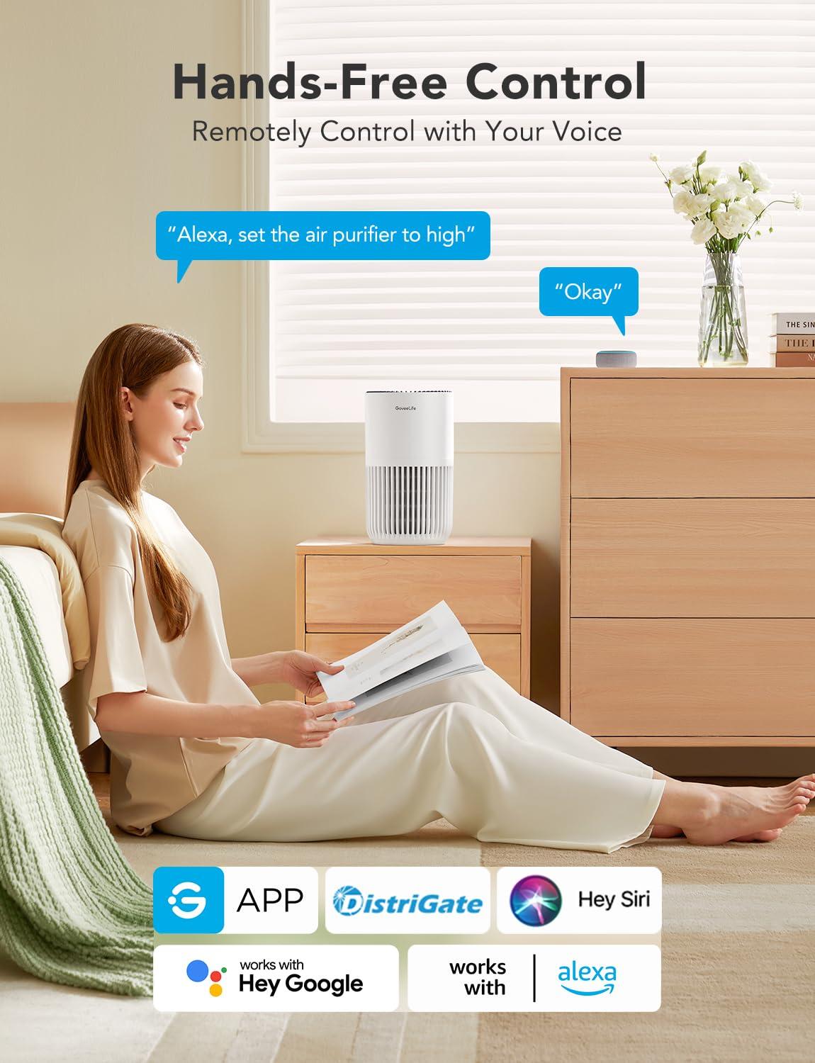 GoveeLife Mini Air Purifier for Bedroom, HEPA Smart Filter Air Purifier with App Alexa Control for Pet Hair, Odors, Pollen, Smoke, Portable Air Cleaner with 3 Speeds, 2 Modes, Timer, Aroma for Home - Image 2