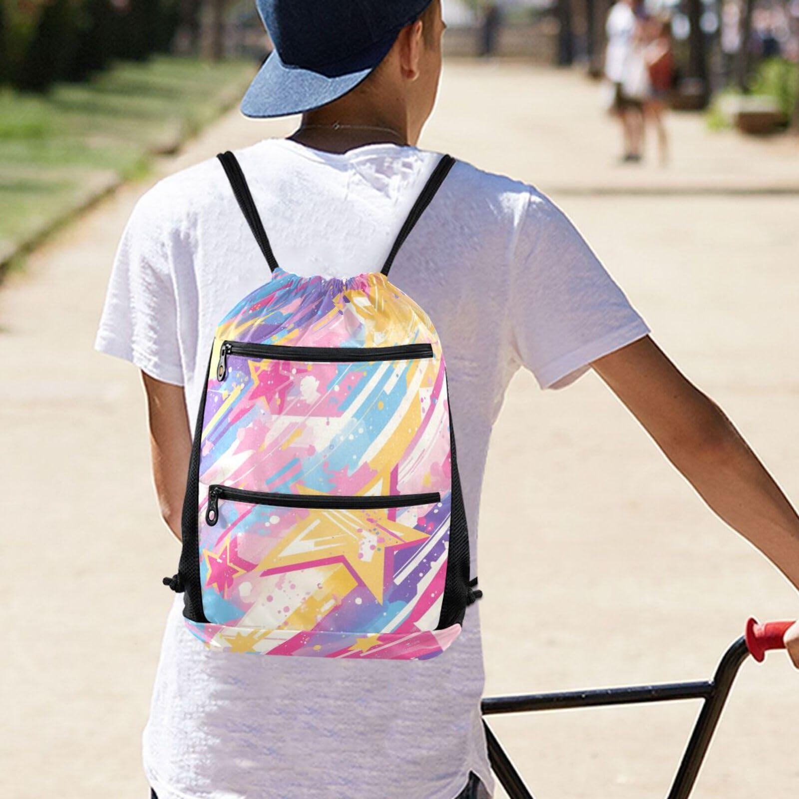FRODOTGV Spray Paint Rock Star Drawstring Backpack Bag Lightweight Shopping Women Men Adults Cinch Sack Pack With Zipper Pockets for Yoga - Image 2