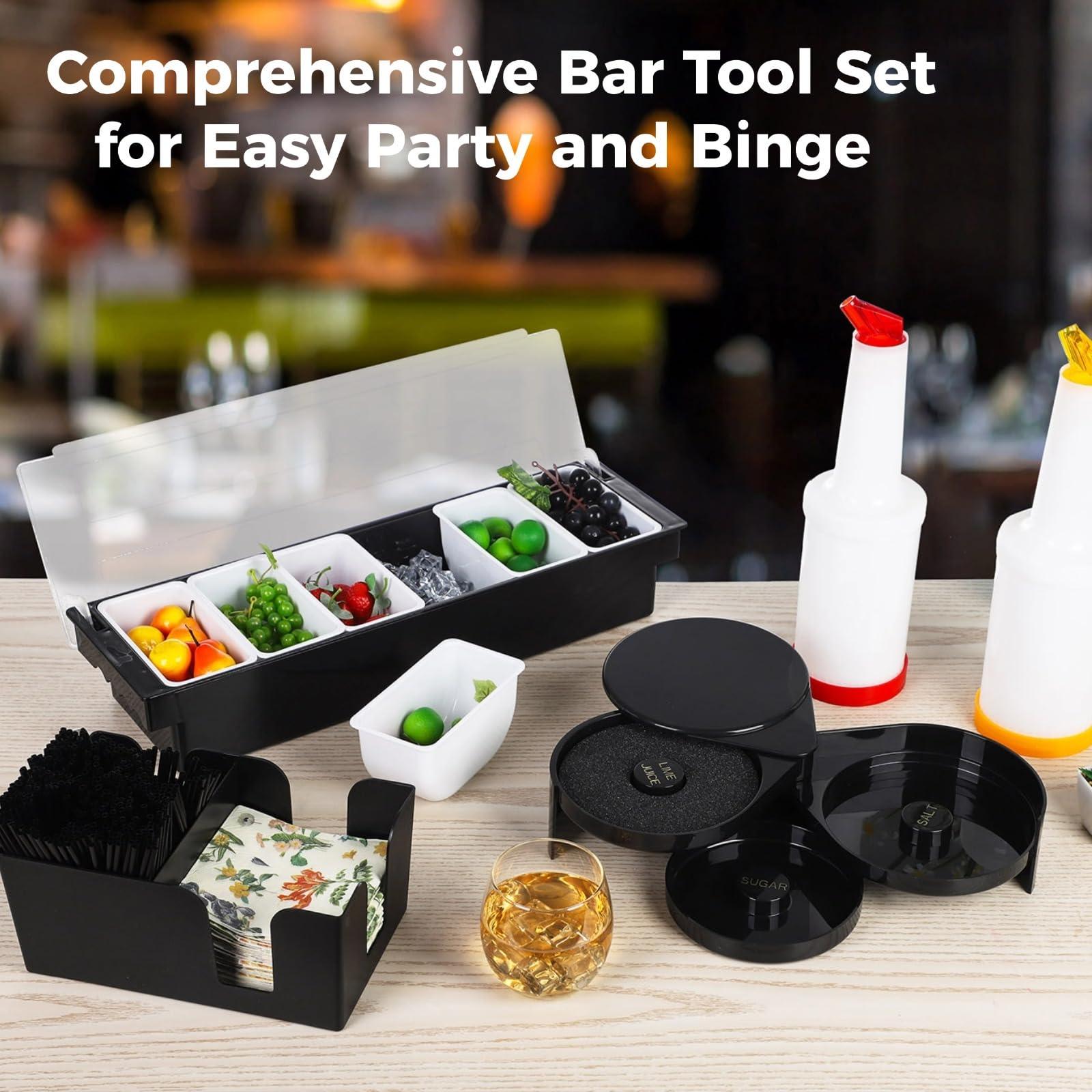Bar Garnish Tray with Lid - 6-Grid Fruit Container, 3-Tier Bar Rimmers, 12 Stainless Steel Classic Bottle Pourers, 2 Plastic Juice Pour Bottles, 1000 Count Cocktail Stirrers, 3 Serving Tongs Set - Image 3