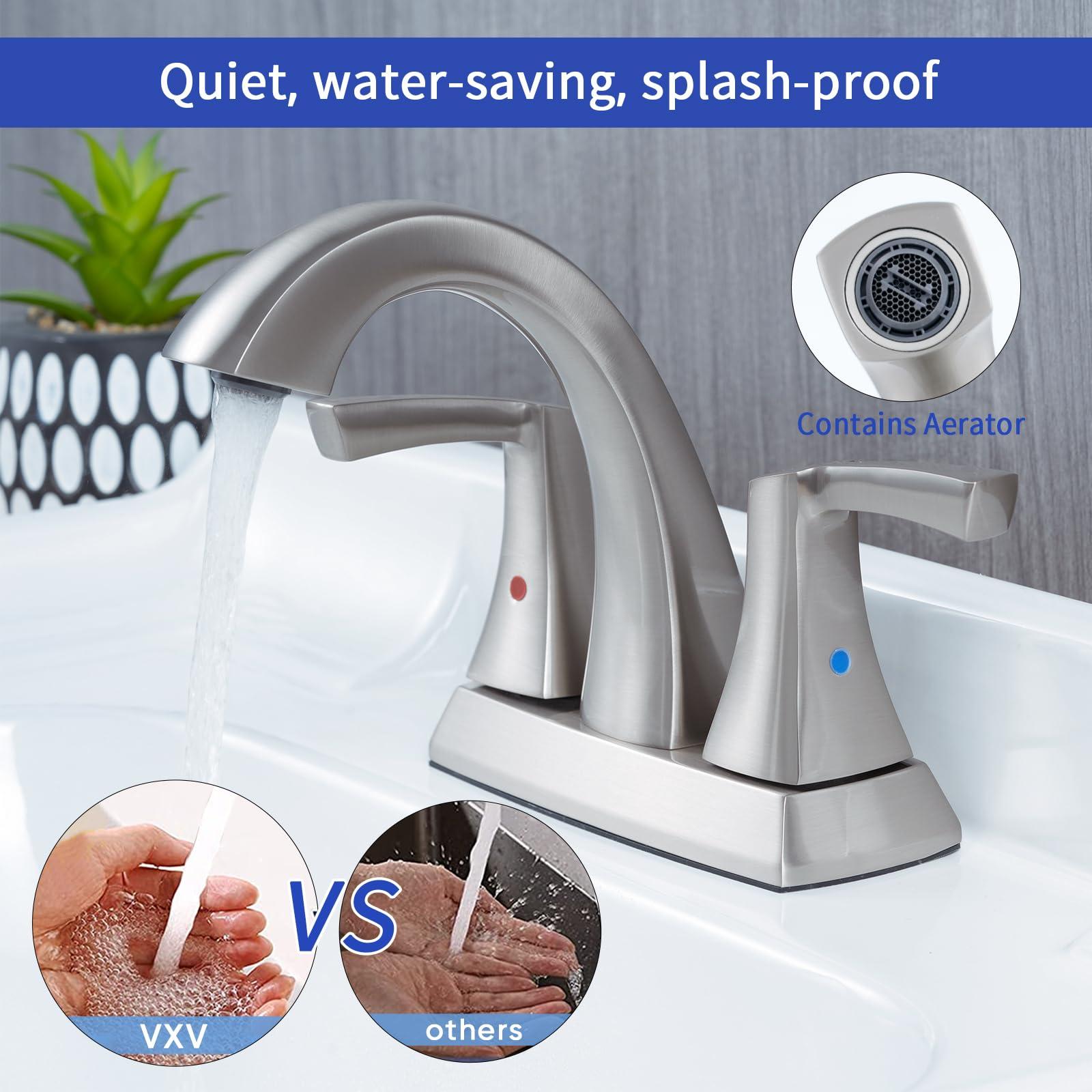 VXV Bathroom Faucet Brushed Nickel, 2 Handles Low Arc Bathroom Sink Faucets, 4 Inch Centerset Bath Lavatory Faucets with Pop-up Drain & Faucet Supply Lines (BN) - Image 6