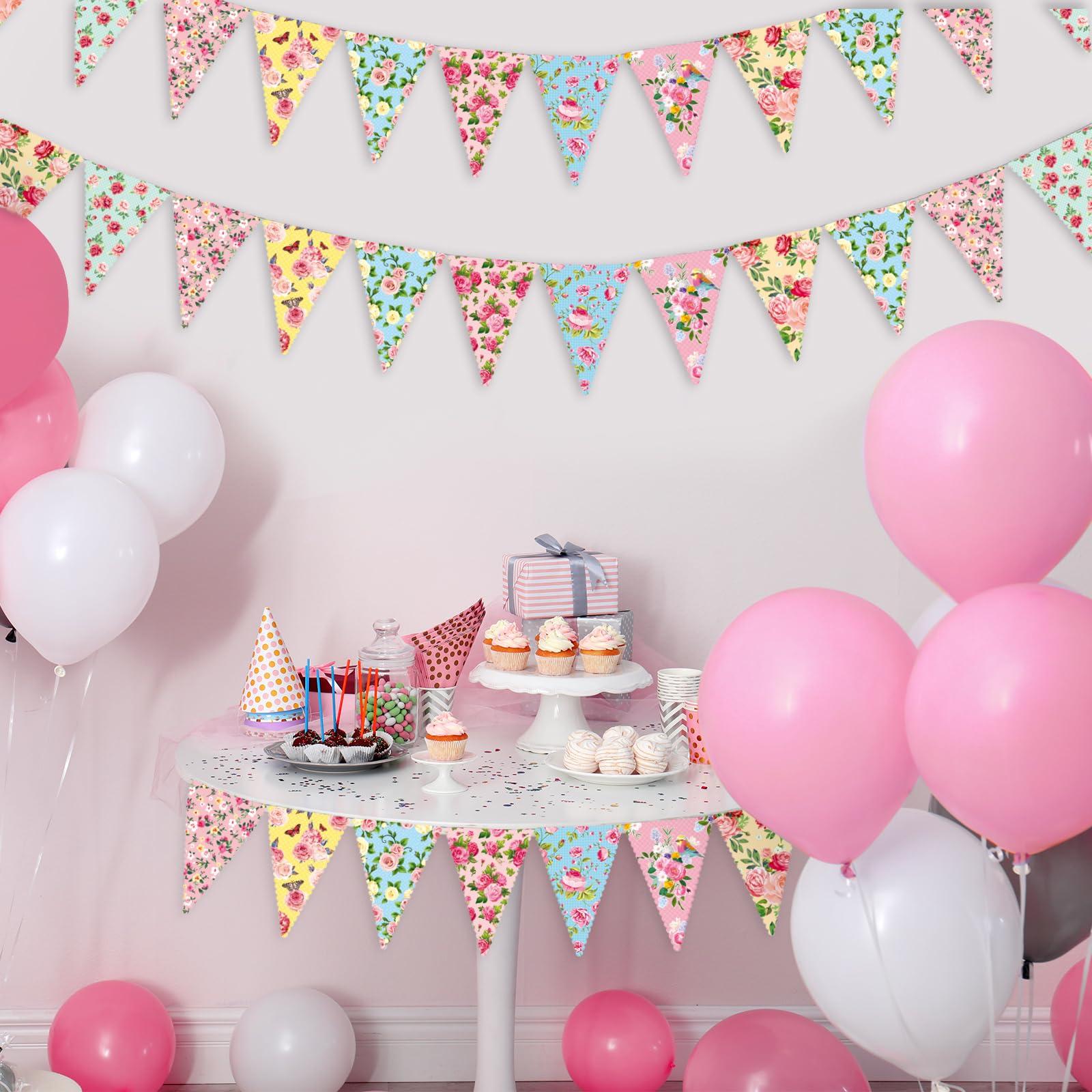 Faccito 49 ft 60 Pcs Tea Floral Party Paper Bunting Decor Outdoor Bunting Banner Floral Pennant Banner Tea Party Birthday Supplies for Wonderland Garden Baby Shower Bridal Wedding Bedroom - Image 6