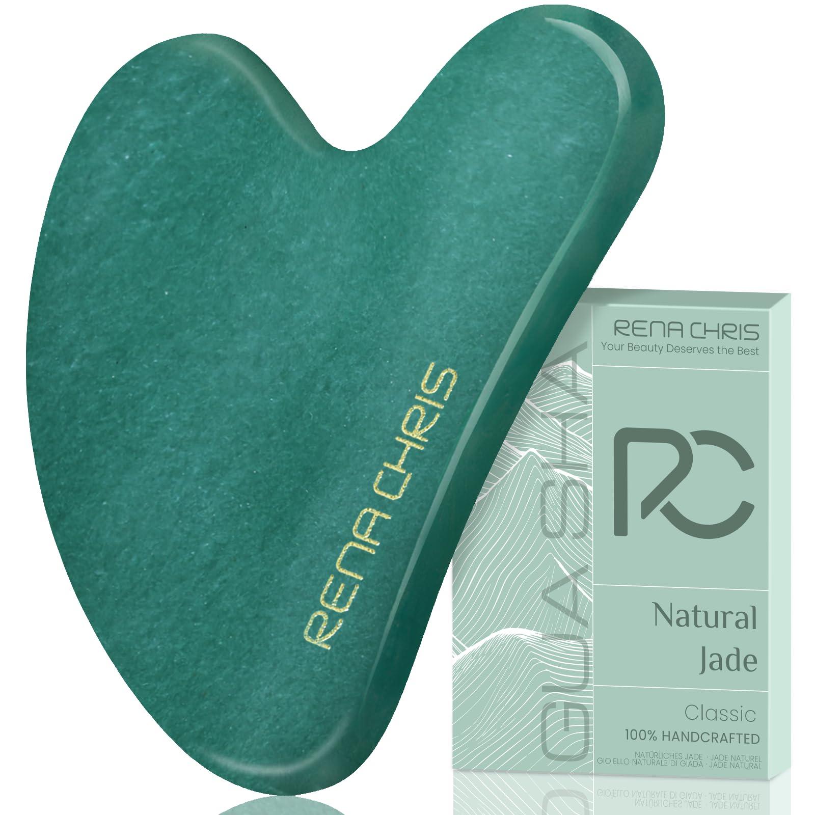 Rena Chris Gua Sha Facial Tools, Natural Jade Stone Guasha, Manual Massage Sticks for Jawline Sculpting and Puffiness Reducing, Facial Massage Tool, Skin-Care Tool (Green)