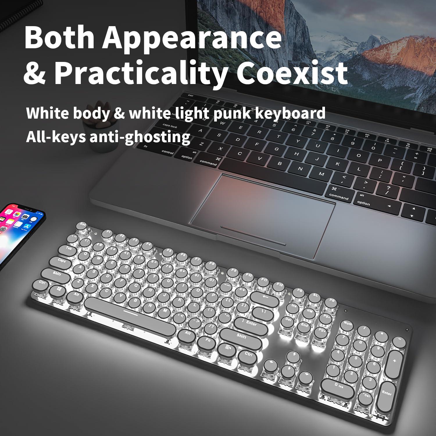 EWEADN TK950 Typewriter Keyboard Wireless Mechanical Keyboards, 104 Keys Aesthetic Typewriter Keyboard with White Backlit, Anti-Ghosting, Blue Switch Bluetooth/2.4GHz/Wired Cute keyboards-White - Image 9