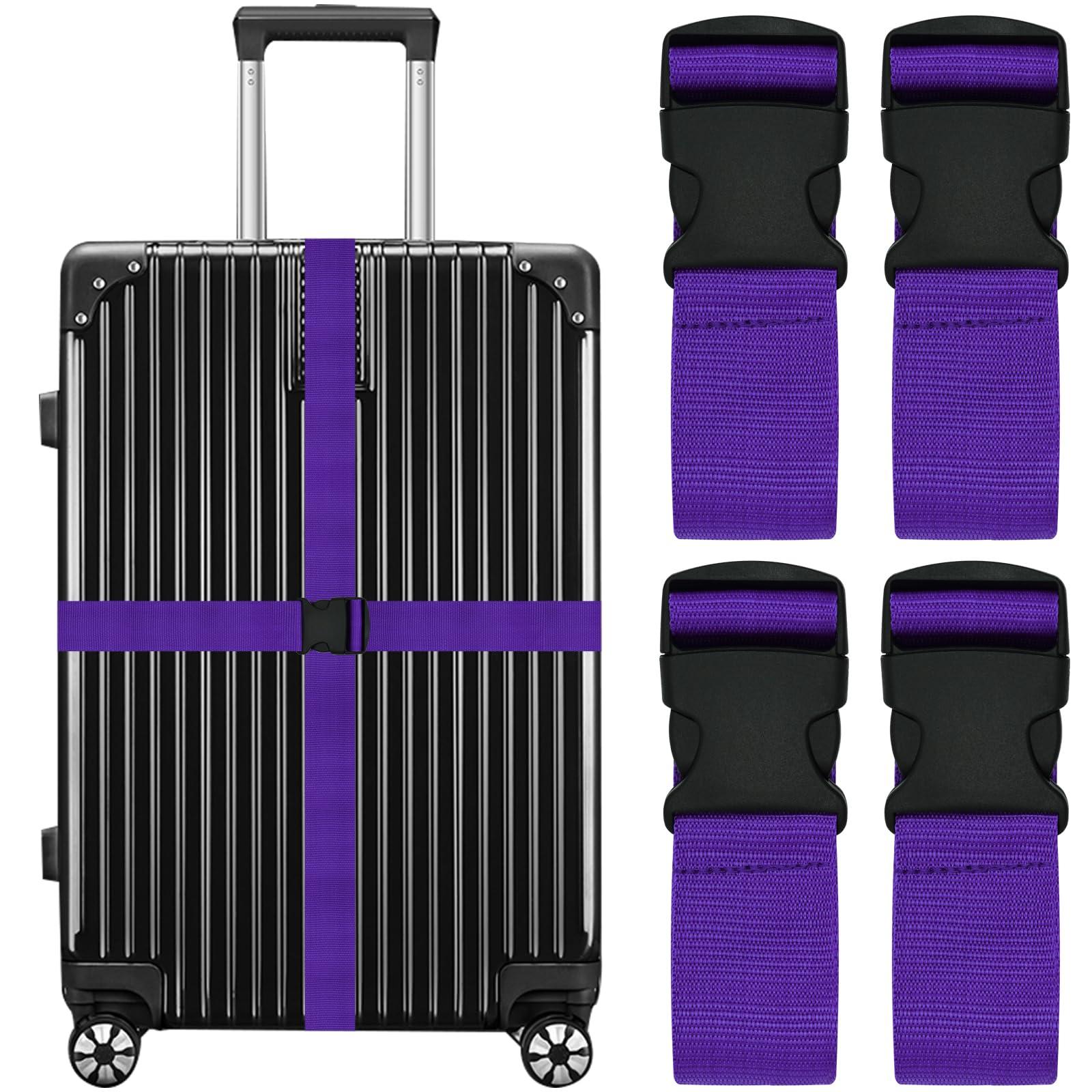 Luggage Straps for Suitcases Travel Belt Suitcase Strap, Heavy Duty with Quick-Release Buckle Suitcase Safe Belt with Name Card, Bright Color Adjustable Luggage Belts, TSA Approved, 4 Pack, Purple