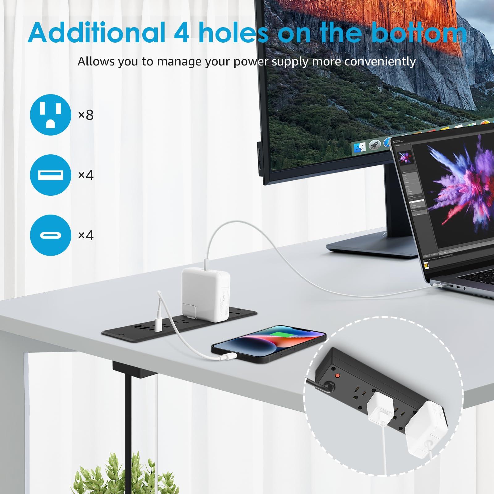 HHSOET 16 in 1 Recessed Power Strip Flat Plug, 45W Fast Charging Furniture Outlet with USB, Conference Recessed Surge Protection with 8 AC Plugs, 4 USB Ports 4 USB-C, 10ft Power Cord.(Black) - Image 6
