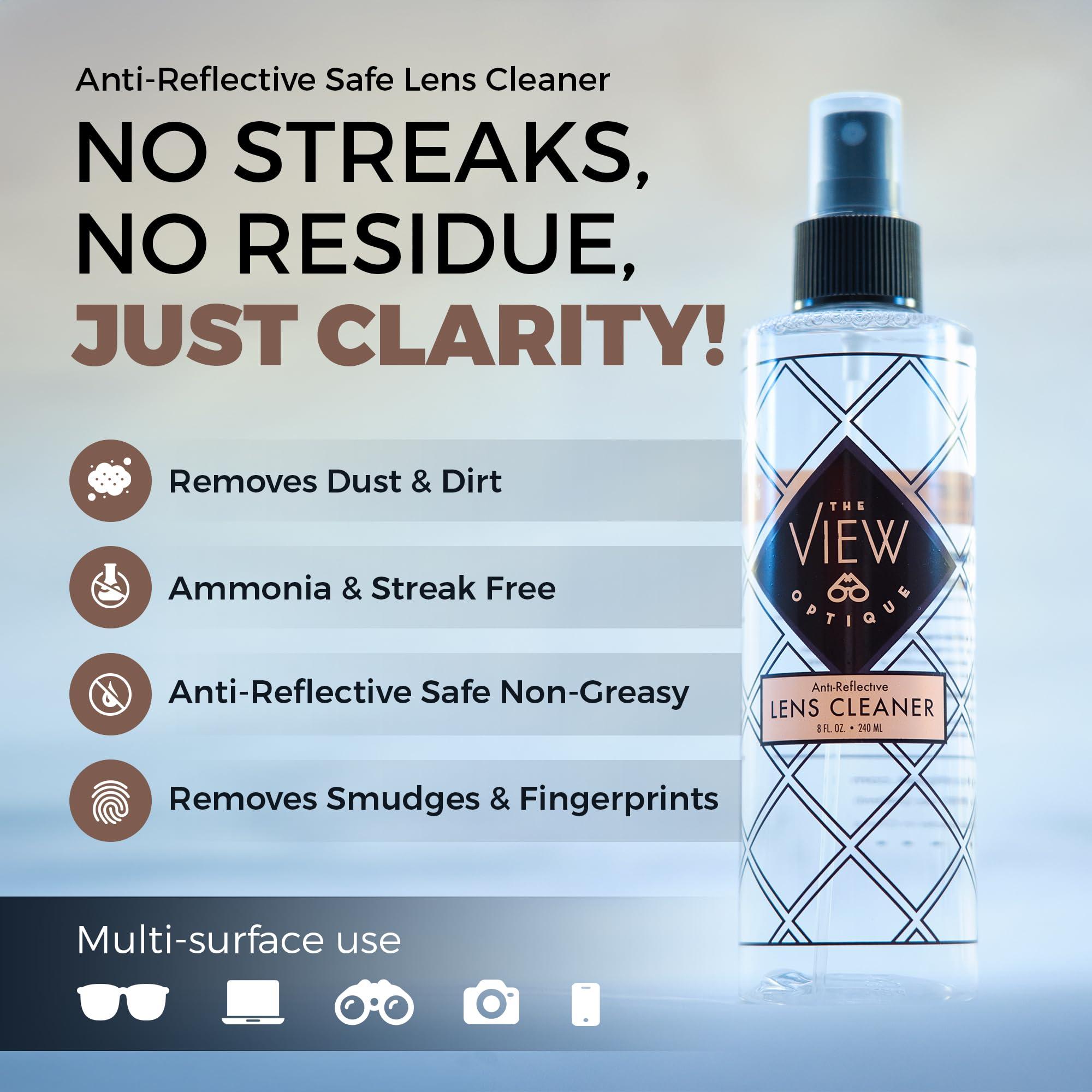 the view optique Anti-Reflective Safe Lens Cleaner Spray Kit – (1) 8oz Glasses Cleaner Spray & (26) Pre-Moistened Lens Wipes for Eyeglasses, Sunglasses, Lenses, Screens & Camera Cleaning Kit - Image 3
