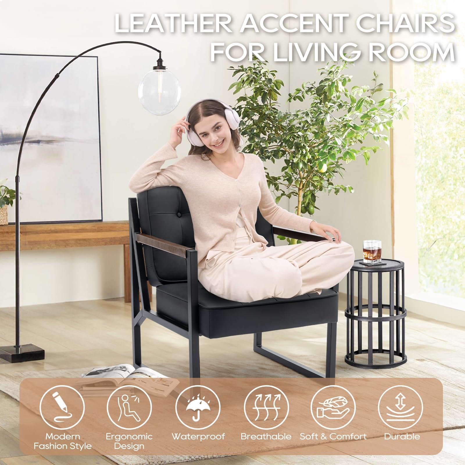 COLAMY Mid Century Modern Accent Chair Set of 2, Comfy Living Room Chair, Black Leather Accent Chair, Faux Leather Reception Armchair with Metal Legs for Living Room Bedroom Reception Office, Black - Image 5