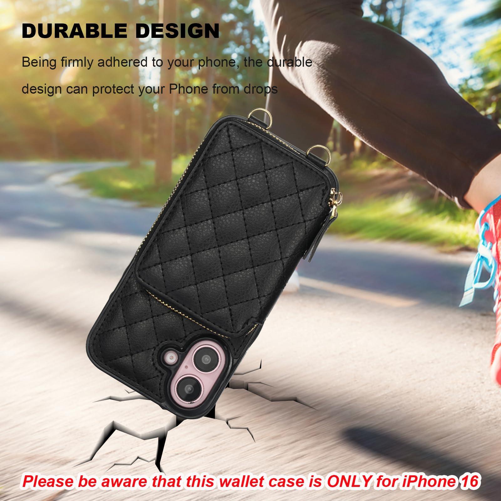 Bocasal Crossbody Wallet Case for iPhone 16, RFID Blocking PU Leather Zipper Handbag Purse Flip Cover, Kickstand Folio Case with Card Slots Holder Wrist Strap Lanyard 5G 6.1 Inch (Black) - Image 8