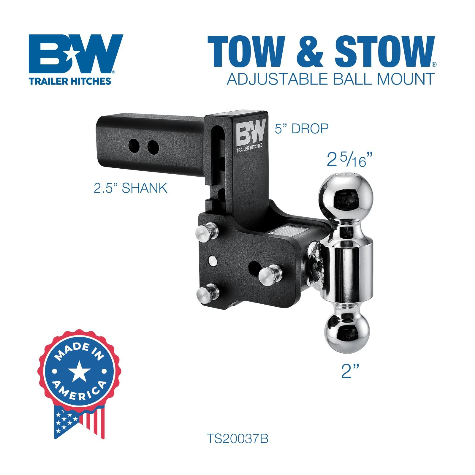 B&W Trailer Hitches Tow & Stow Adjustable Trailer Hitch Ball Mount - Fits 2.5" Receiver, Dual Ball (2" x 2-5/16"), 5" Drop, 18,000 GTW - TS20037B - Image 2