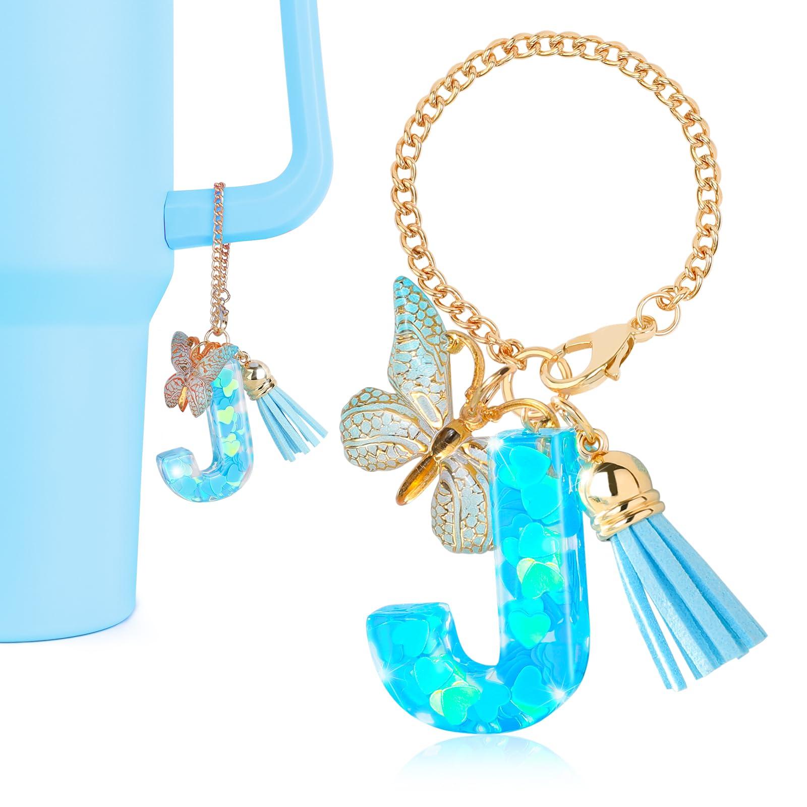 DECZHIYU Initial Charms for Stanley Cup Accessories, Letter J Charms for Stanley Cup with Handle, Blue Charm for Key Purse Handbags Backpacks, Cute Initial Letter Charm with Butterfly Tassel