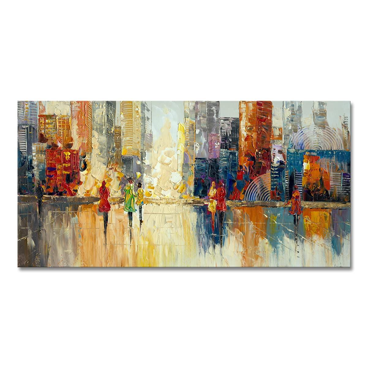 Canvas Wall Art Abstract Cityscape Painting Modern New York City Artwork Lady Romantic Street Scenery Picture Home Office Decor