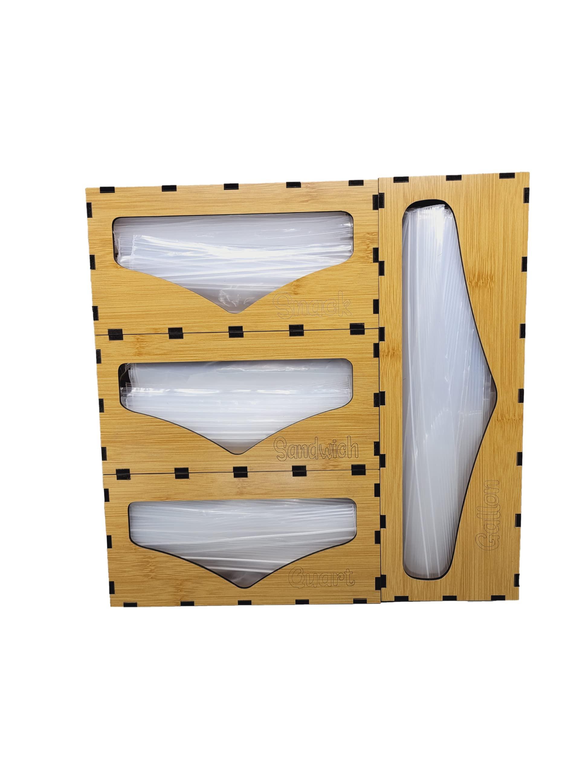 Plastic Bag Organizer and Dispenser for Kitchen Drawer, Adhesive sandwich bag organizer Compatible With Ziploc, Solimo, Hefty, Glad, Great Value, and More. (Bamboo)