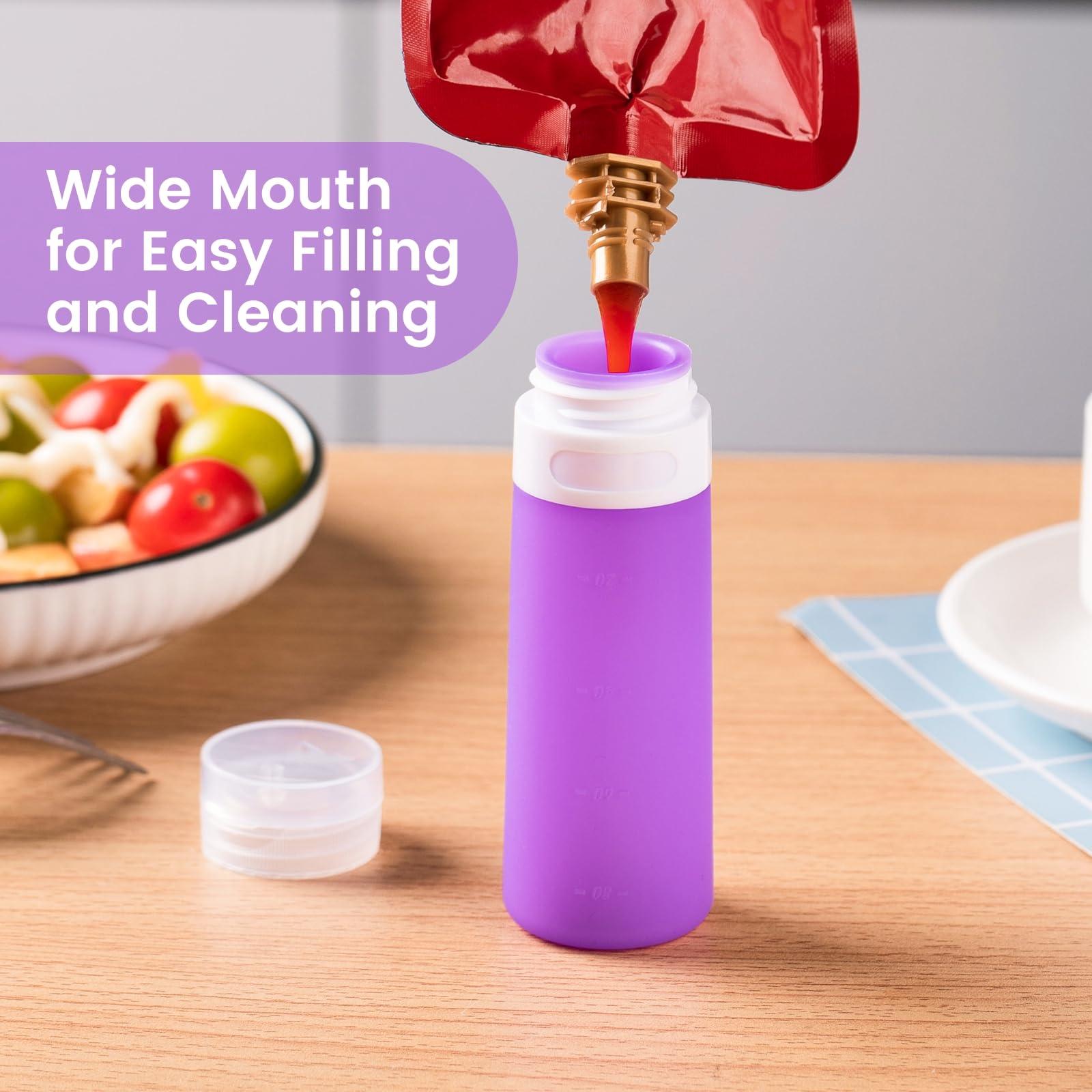 MICEBAY Condiment Squeeze Bottles for Sauces, 3-oz Mini Silicone Salad Dressing Container to Go with Snack Storage Bag, Leakproof Sauce Bottles for Lunch Box, 4 Pack, Purple - Image 4