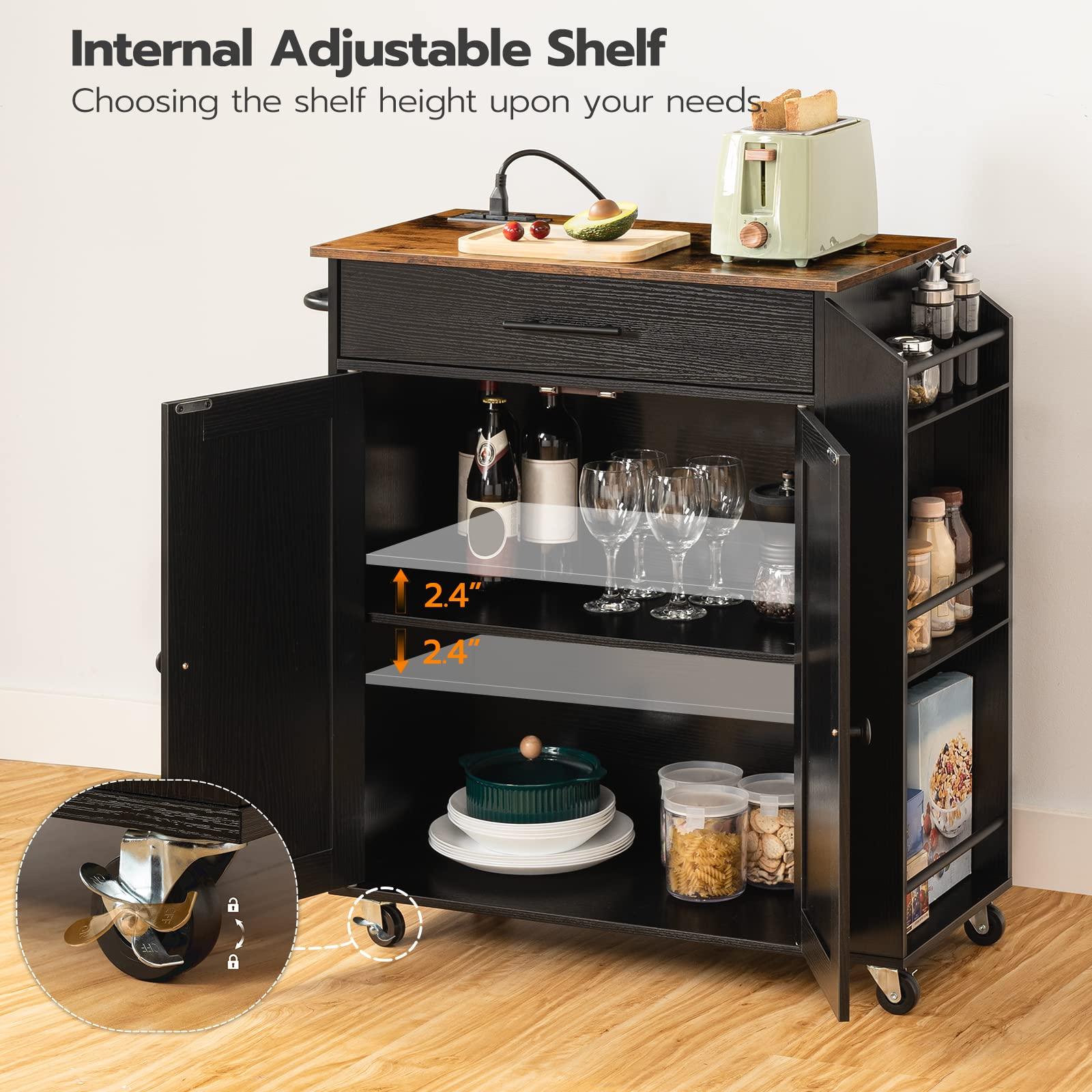 HOOBRO Kitchen Island with Power Outlet, Storage Island with Spice Rack and Drawer, Rolling Kitchen Cart on Wheels, for Home, Dining Room, Rustic Brown and Black - Image 6