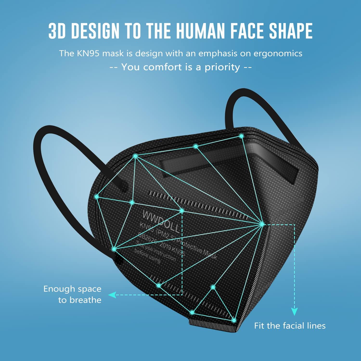 WWDOLL KN95 Face Masks 50 Pack, 5-Layer Breathable Disposable Respirator Mask for Adult Black - Image 2