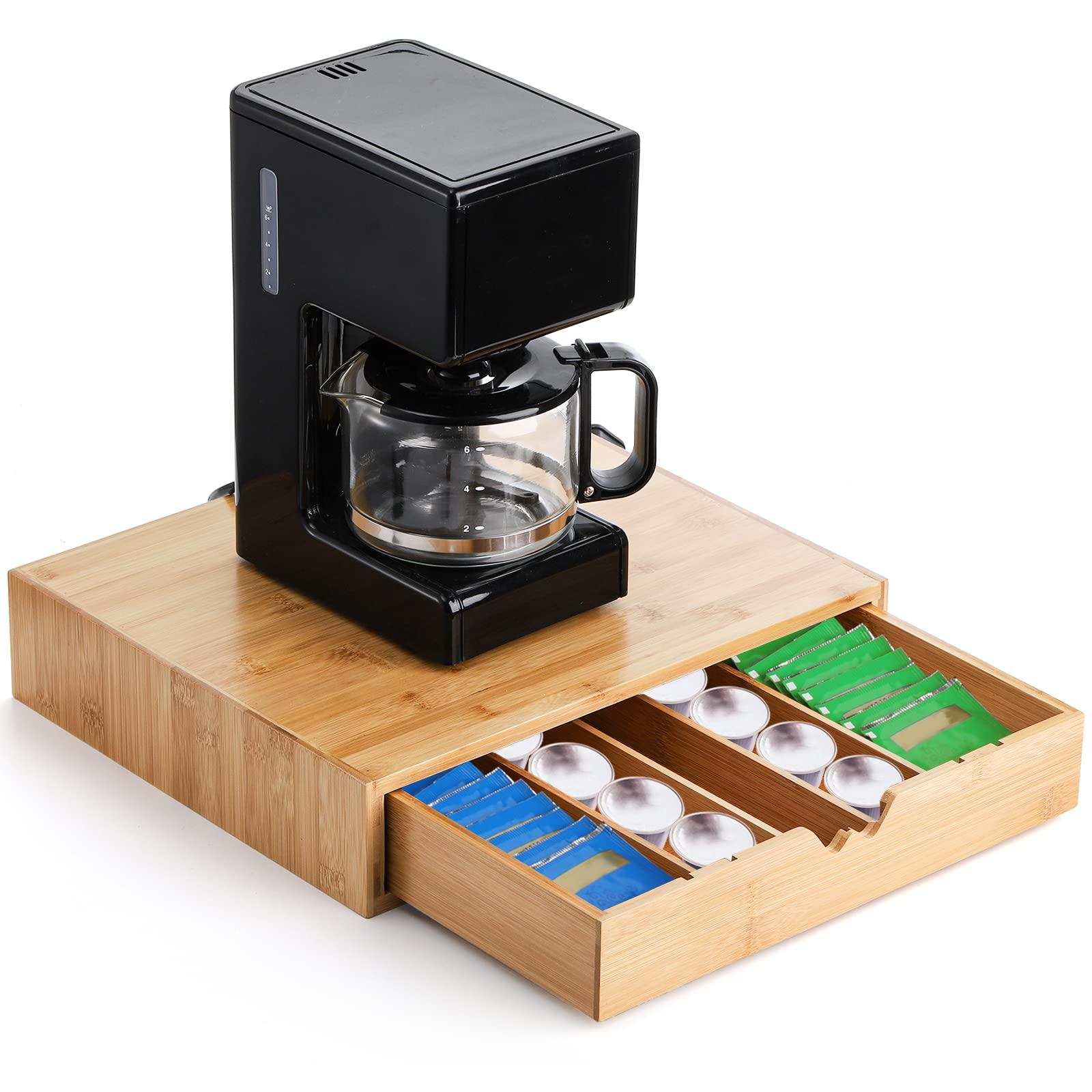 Peohud Bamboo Coffee Pod Drawer, Espresso Coffee Capsule Holder with 5 Adjustable Compartment, Tea Bag Storage Organizer for Kitchen Counter Office Coffee Station