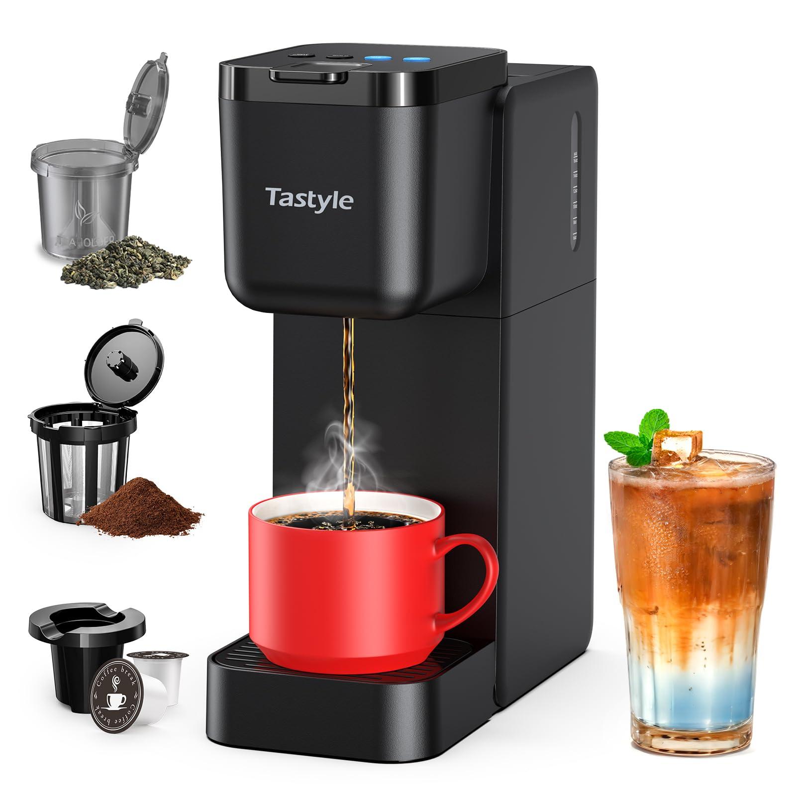 Tastyle Single Serve Coffee Maker for K Cup, Ground and Tea Leaves, Hot and Iced Coffee Machines with Bold Setting, 6 to 16 Oz Brew Sizes, Compact for Small Spaces, Black (2.0 Version)