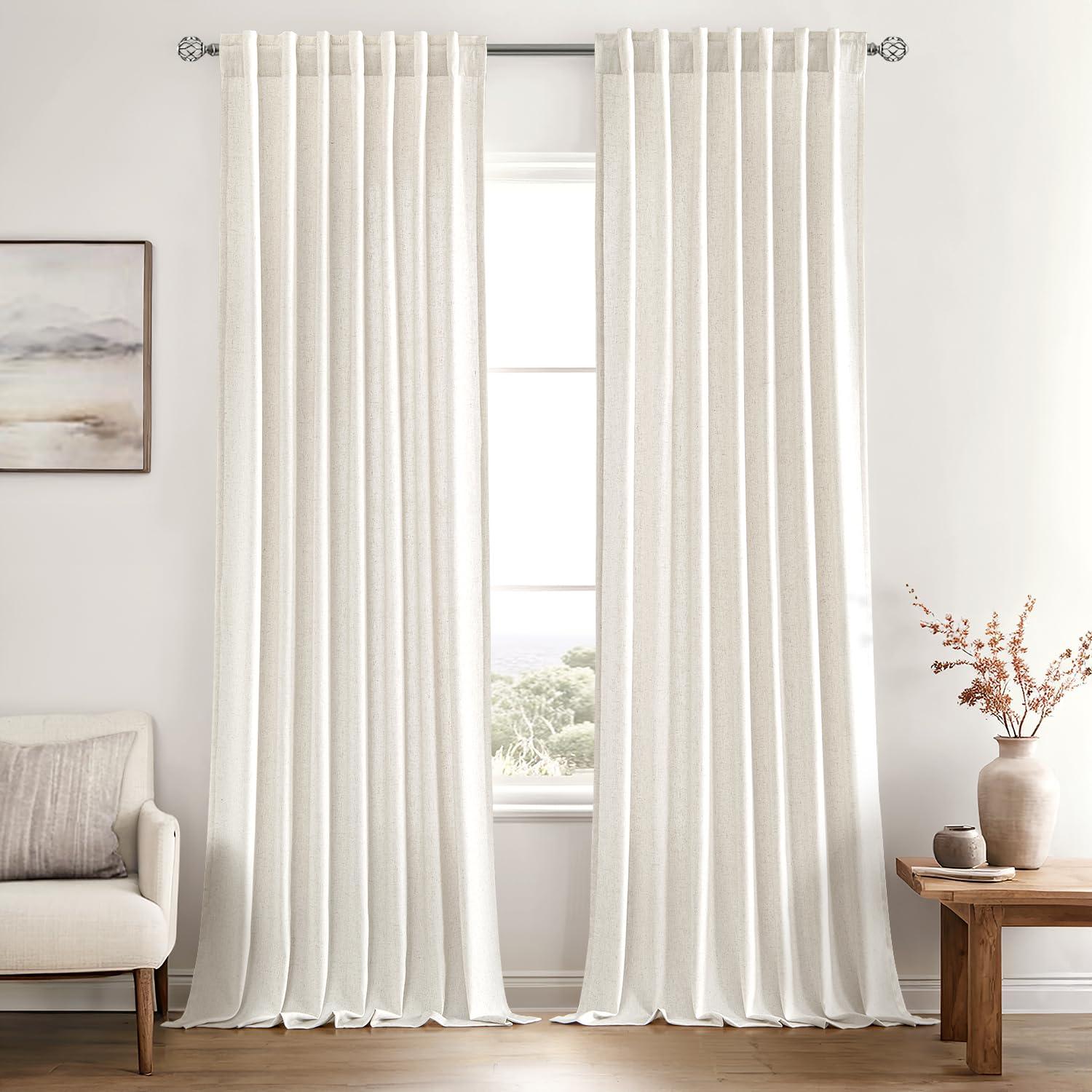MIULEE Non-See-Through Privacy Linen Curtains 2 Panels, Light Filtering Window Curtains Farmhouse Textured Back Tab Semi Sheer Drapes for Bedroom Living Room, 52 x 90 Inches Long, Natural White - Image 3