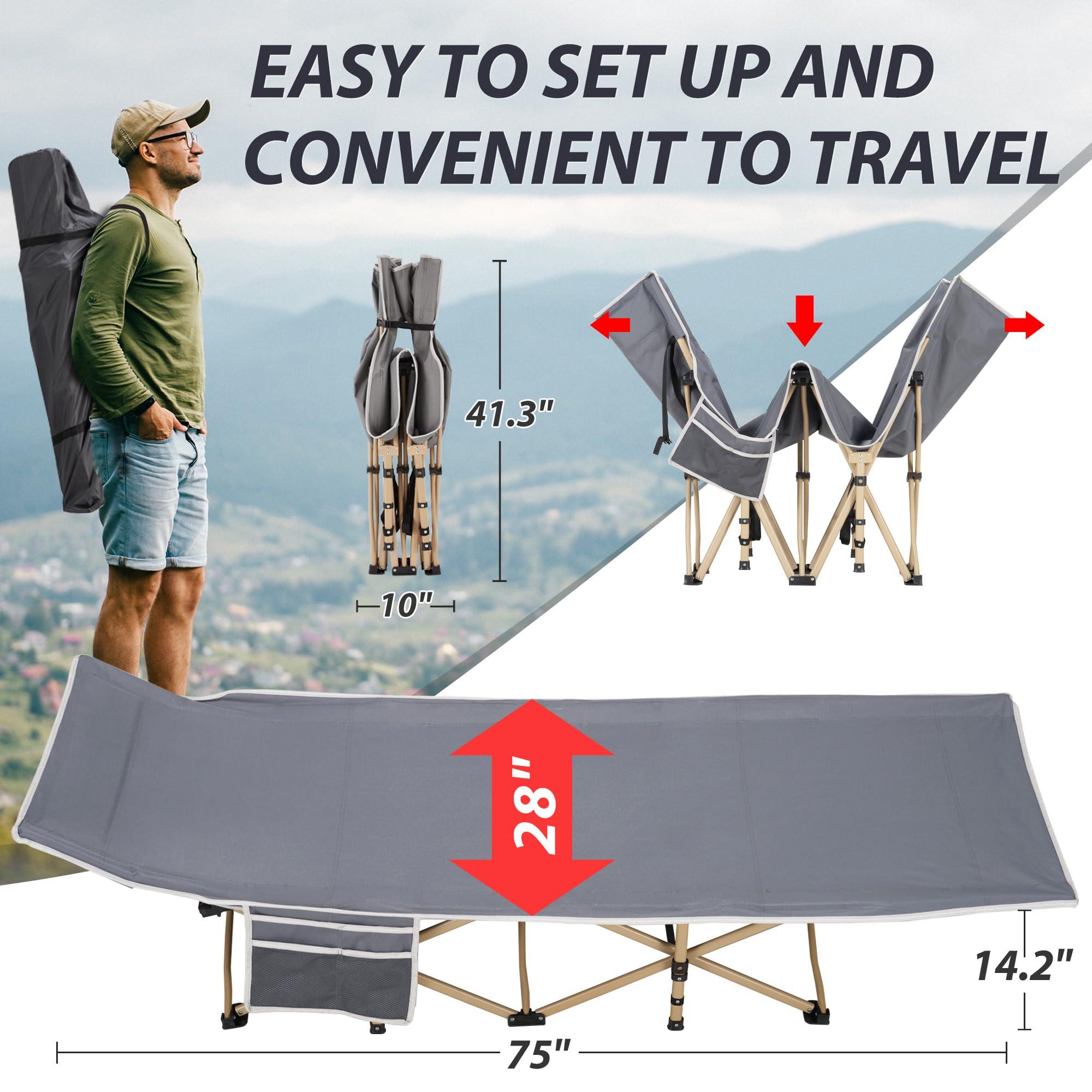 Candockway Folding Camping Cot for Sleeping, Portable Cots for Adults, Heavy Duty Cot Bed 550LBS(Max Load), Extra Wider Cots with Large Pocket for Outdoor, Office, Beach - Image 3