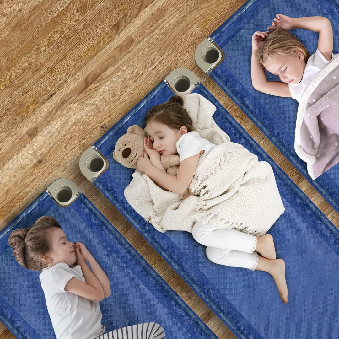 Acrimet Nap Cot for Kids, PortableToddler Child Bed, Stackable 52" L (Stainless Steel Tubes) (Blue Breathable Mesh Fabric - Gray Feet) (5 Pack) - Image 4