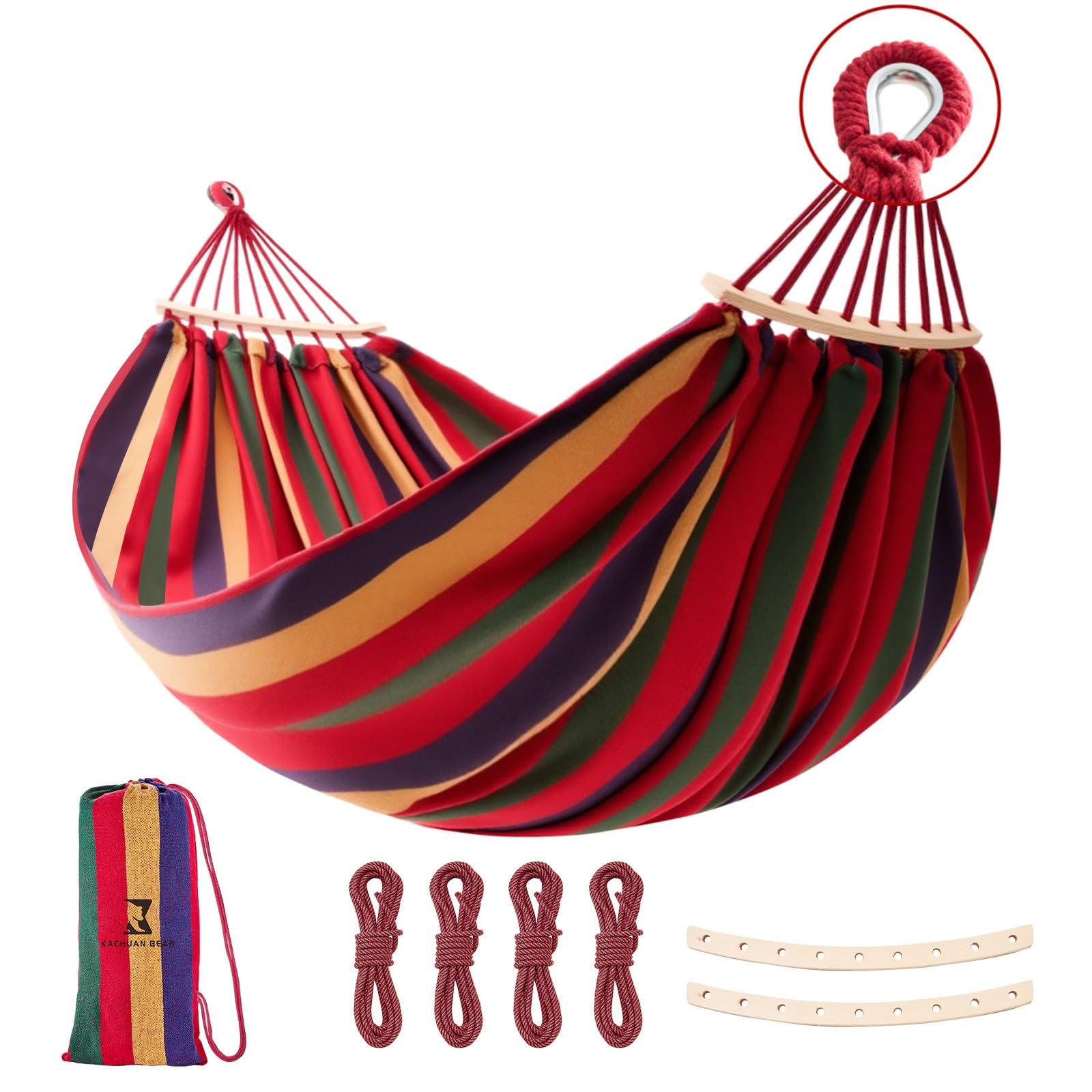 Hammock, Cotton Canvas Hammock Portable Camping Hammock with Carrying Bag Two Anti Roll Balance Beam Metal Carabiner Ropes and Tree StrapsSuit for Indoor,Yard,Camping,Outdoor-Rainbow