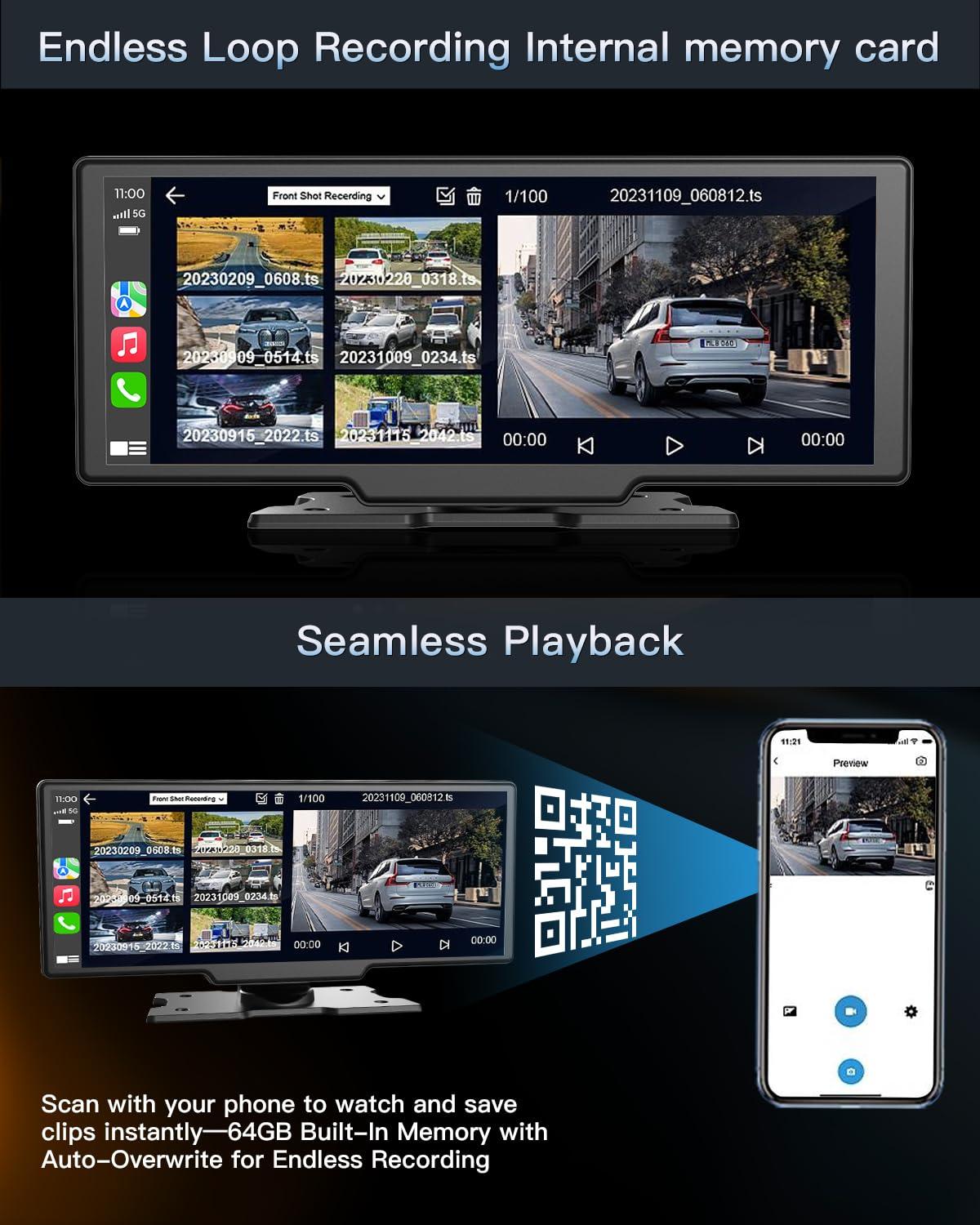 Portable Wireless CarPlay Touchscreen for Car: 4K Apple Carplay & Android Auto Car Play Screen with 4K Dash Cam/1080p Rear Camera/GPS Navigation/Bluetooth/Mirror Link/AirPlay (Obsidian Black-10IN) - Image 7