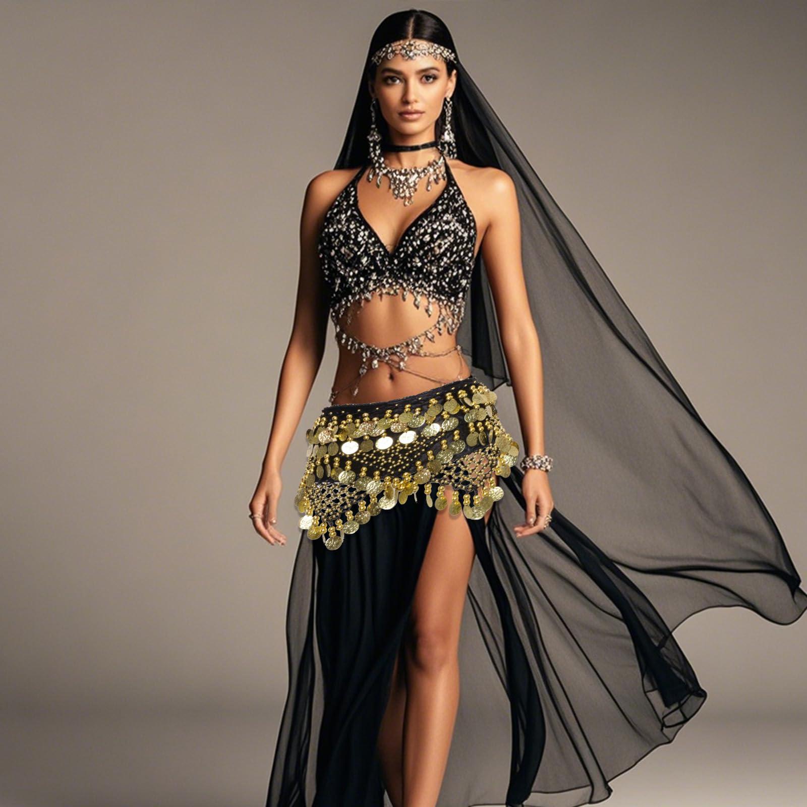 Avxzbef Belly Dance Hip Scarf Coins Fringe Skirt Coin Sash Costume with Golden Coins for Women - Image 6