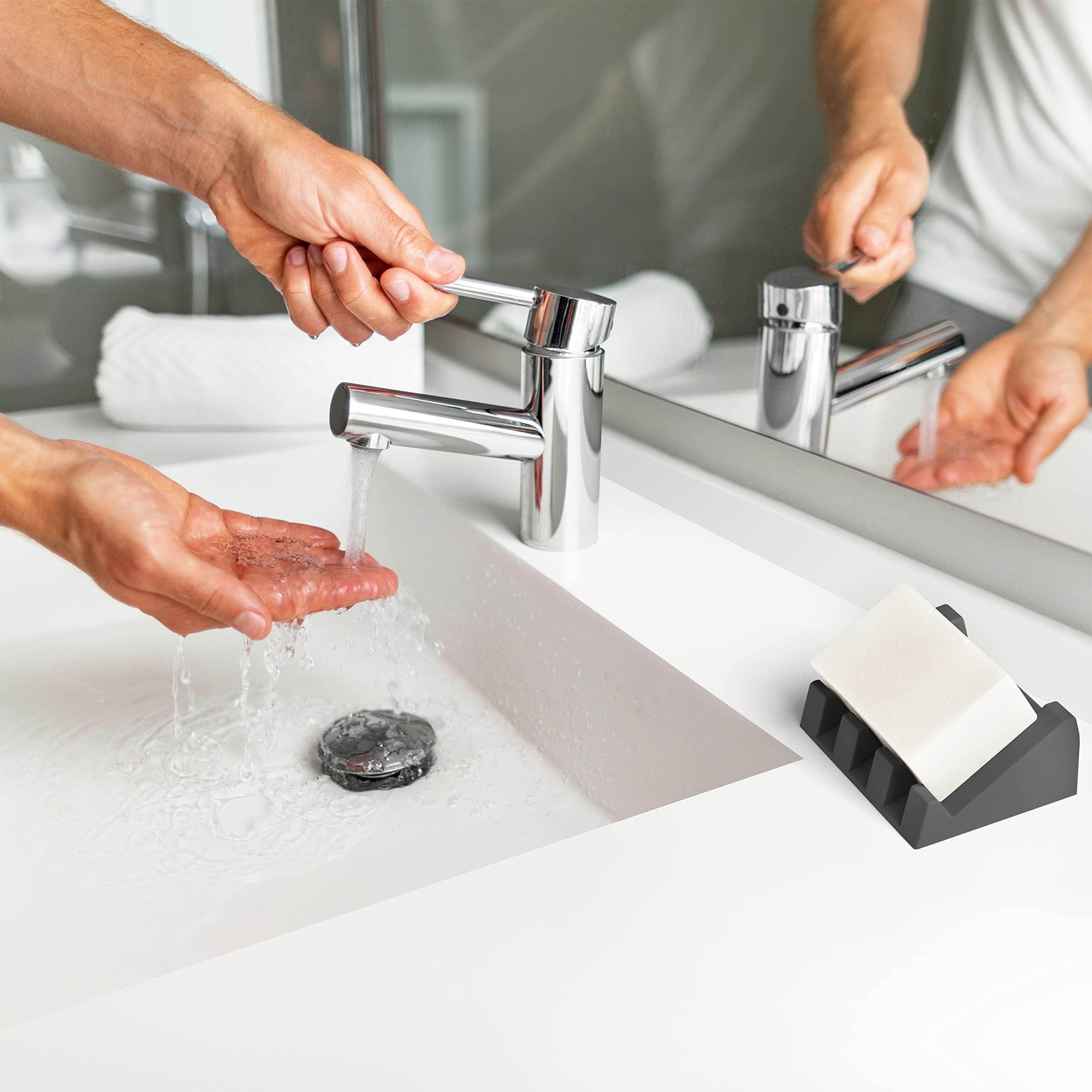 iSoapStone Silicone Soap Dish (USA Patented) Self Draining Bar Soap Holder for Shower Bathroom Sink, Drying Soap Dish Tray Kitchen Sponge Holder Easy Cleaning Soap Saver Mat (Dark Grey, 2) - Image 6