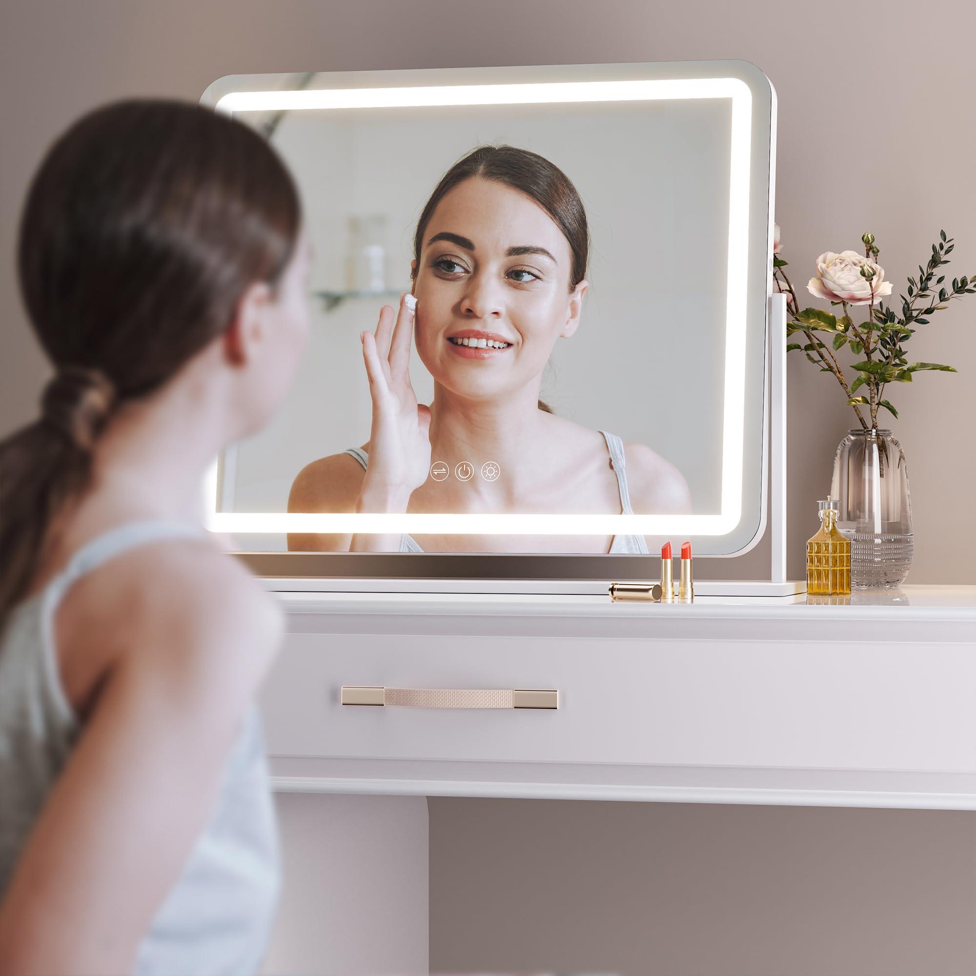Hasipu Vanity Mirror with Lights, 22" x 18" LED Makeup Mirror, Light up Mirror with Smart Touch 3 Colors Dimmable, Brightness Adjustment, 360° Rotation (White) - Image 7
