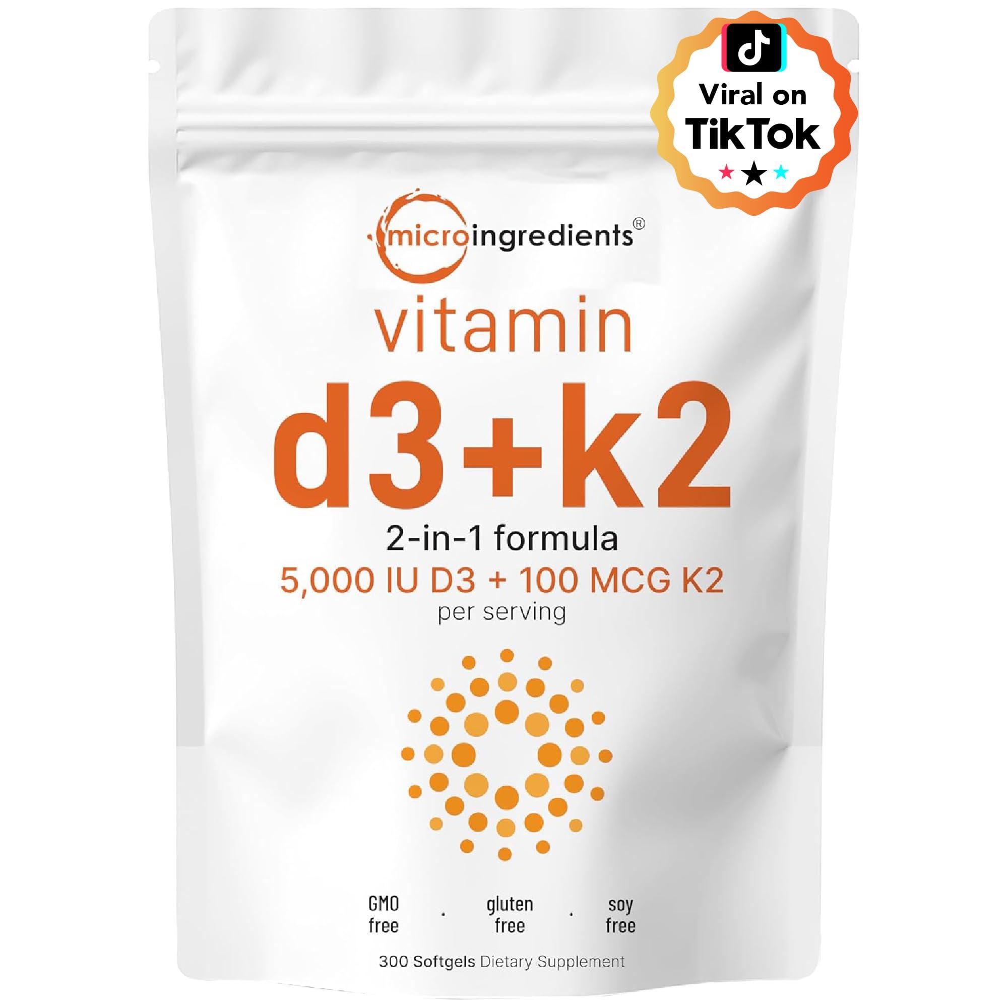 Micro Ingredients Vitamin D3 5000 IU with K2 MK-7 100 mcg, 300 Softgels, 2-in-1 Immune, Heart, Joint, Teeth & Bone Health Support, Easy to Swallow