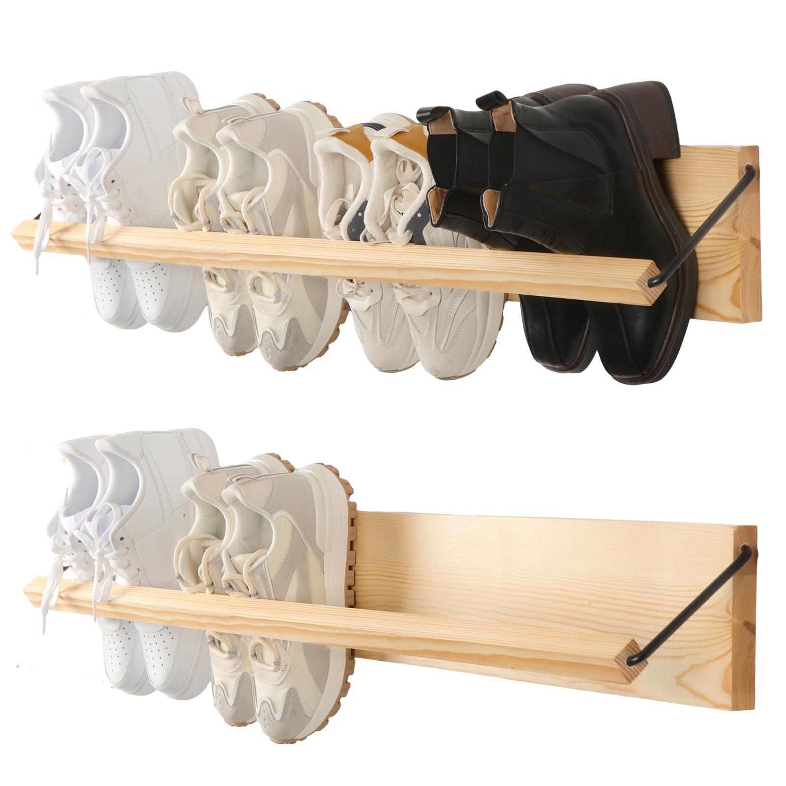 Mifoci 2 Pcs Wall Mounted Shoe Rack Organizer Wooden Modern Compact Wall Space Saving Shoe Holder Storage for Sneaker Footwear Slipper Boots Entryway Narrow Spaces Hallway(39.37'' Long)