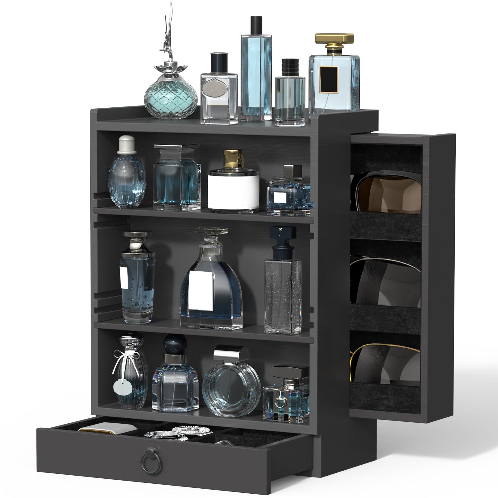 upcessory Cologne Organizer for Men, 4-Storey Vertical Wood Perfume Stand, Large Cologne Display Shelf with Felt Lining Drawer and 2 Hidden Compartments, A Great Gift for Men