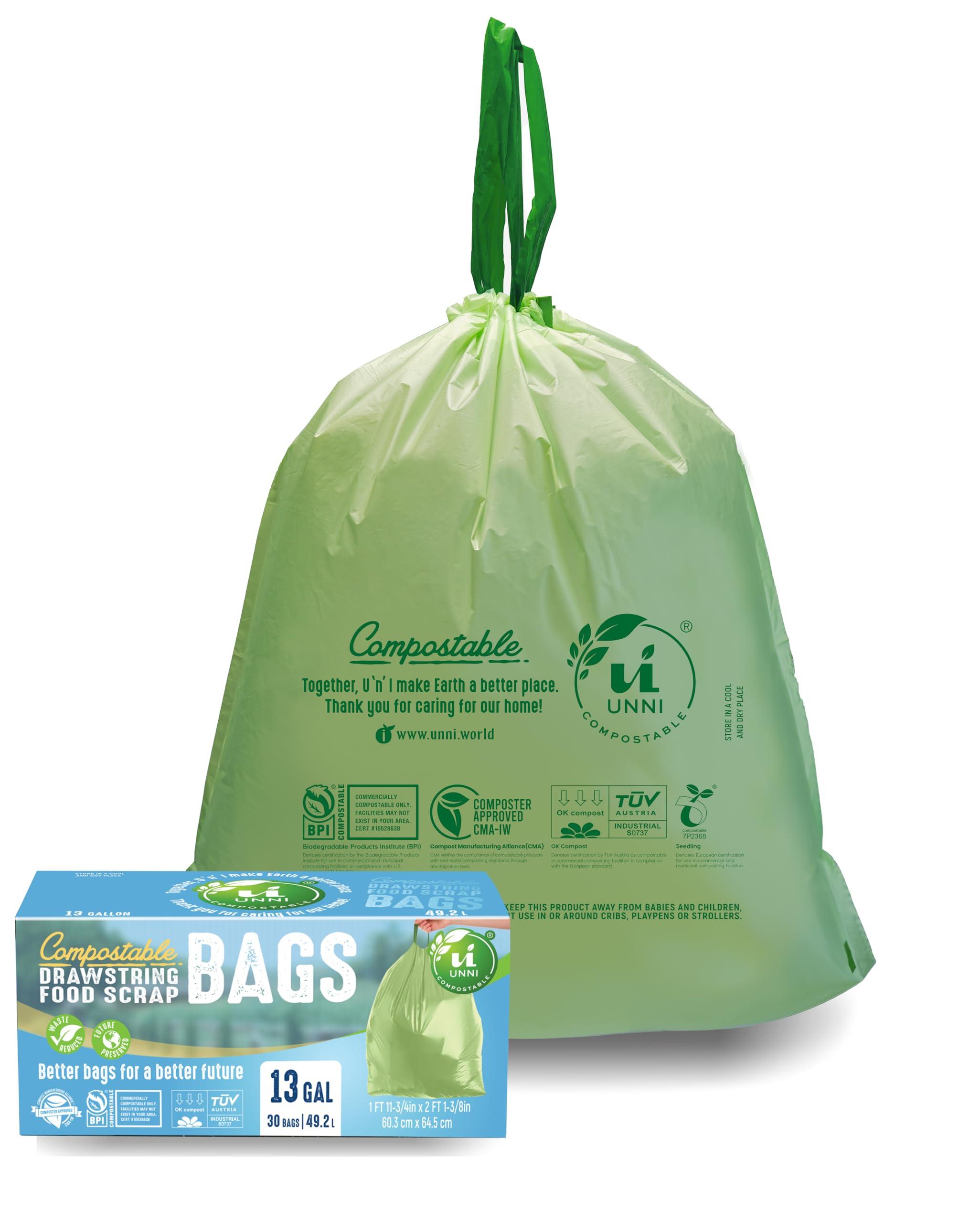 UNNI Compostable Drawstring Bags, 13 Gallon, 49.2 Liter, 30 Count, Heavy Duty 1 Mil, Tall Kitchen Food Scrap Waste Bags, ASTM D6400, US BPI, CMA & Europe OK compost Certified, San Francisco