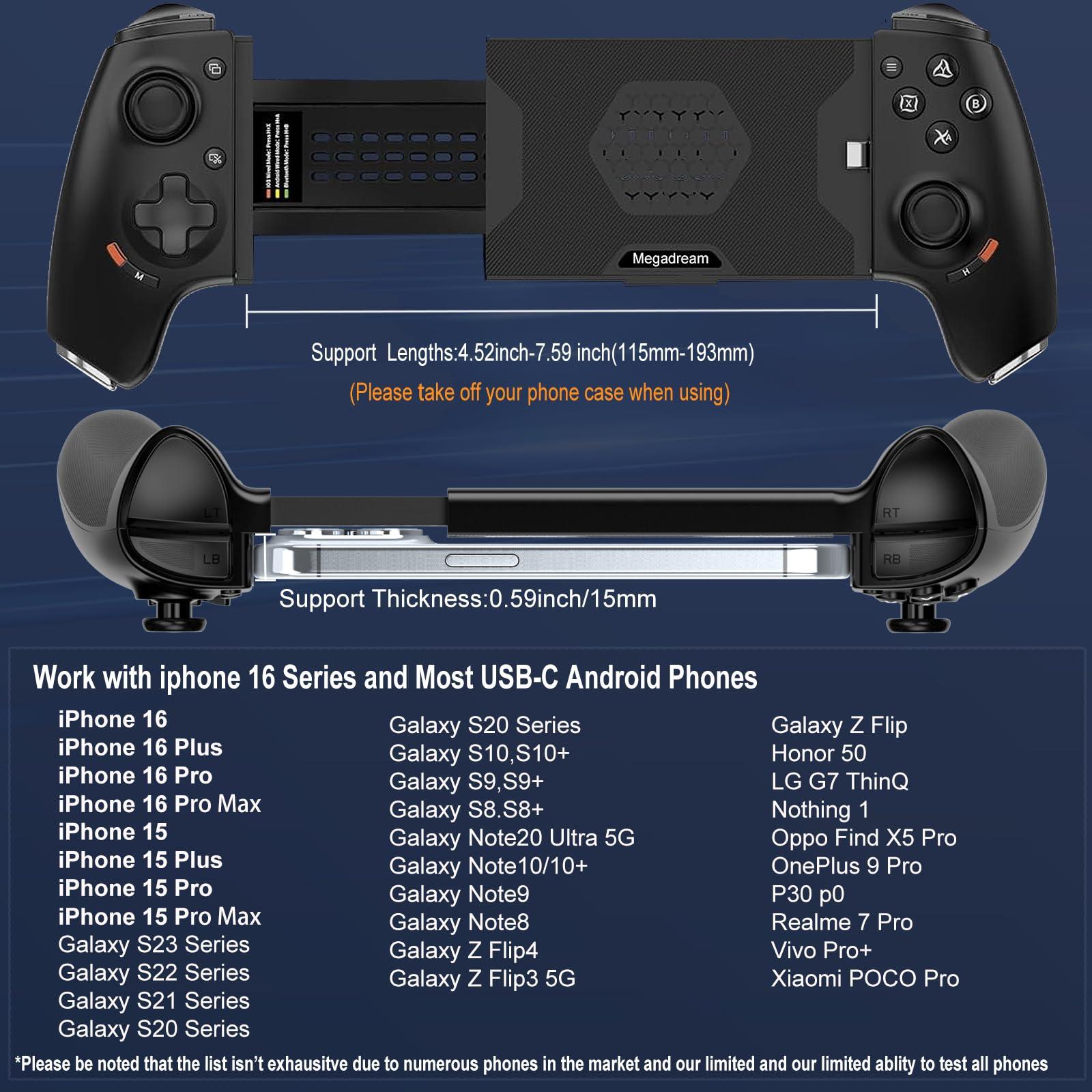 Megadream Phone Controller for iPhone 16/iPhone 15/Android USB C Mobile Gaming Controller with 3.5mm Audio Jack, Remote Player Gamepad for PS5/PS4/Xbox/PC, Cloud Game, Plug and Play, Hall Joysticks/Hall Trigger, 2 Mappable Buttons - Image 6
