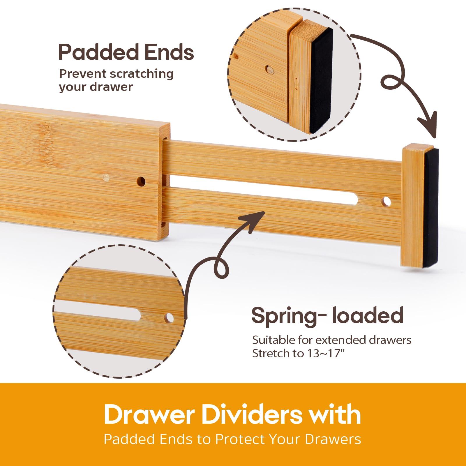 FUICRAST Bamboo Drawer Dividers Organizers, Kitchen Drawer Dividers for Clothes, Adjustable Drawers Separators for Dresser, Bedroom, Bathroom, Office, 4 Pack, 13“-17” - Image 4