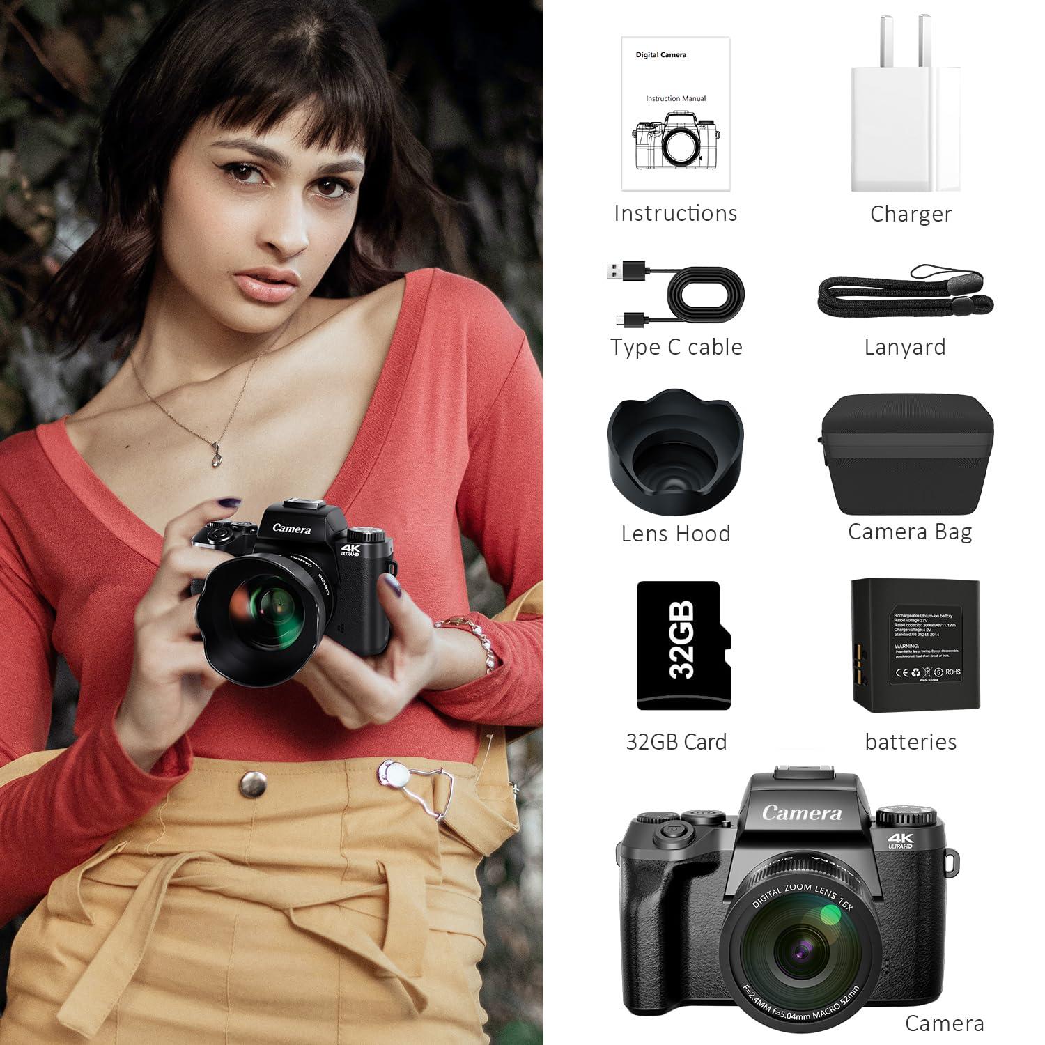 Saneen Digital Camera, 4k Cameras for Photography & Video, 64MP WiFi Touch Screen Vlogging Camera for YouTube with Flash, 32GB Card, Lens Hood, 3000mAH Battery, Front and Rear Cameras - Black - Image 9