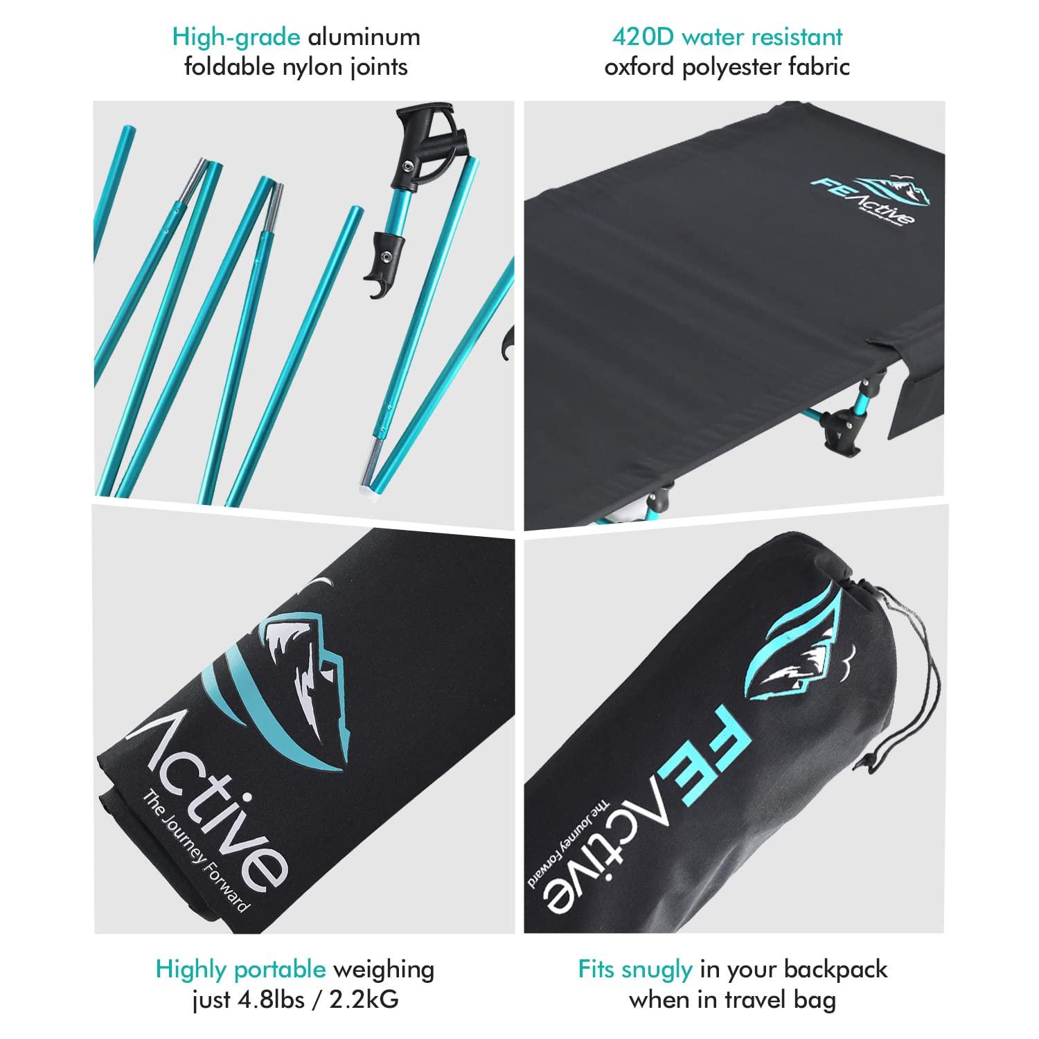 FE Active Folding Camping Cot - Lightweight, Compact & Portable Camping Bed, Comfortable Sleeping Cots for Adults & Kids - Camp Cot Fits Single Air Mattress Pad|Designed in California, USA - Image 3