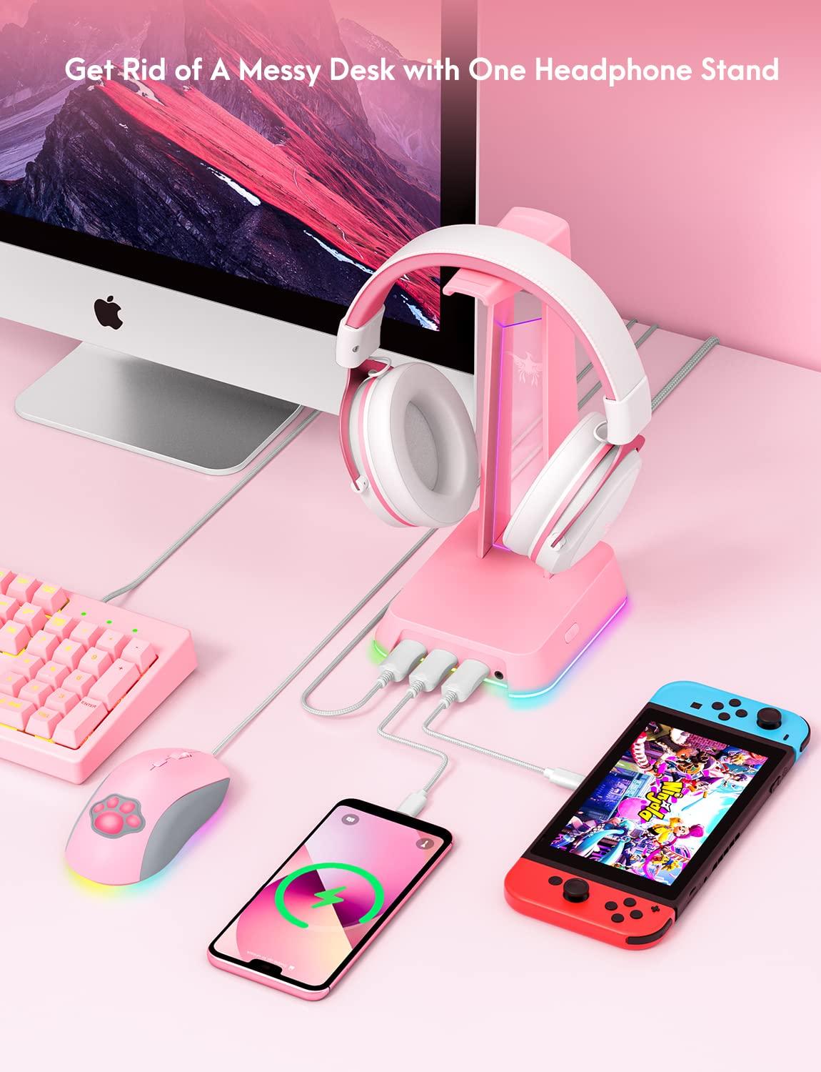 PHNIXGAM RGB Headphone Stand with 3.5mm AUX and 3 Port USB 2.0 Hub, Universal Gaming Headset Hanger Holder for Computer Gaming Gamer Accessories (Pink) - Image 6