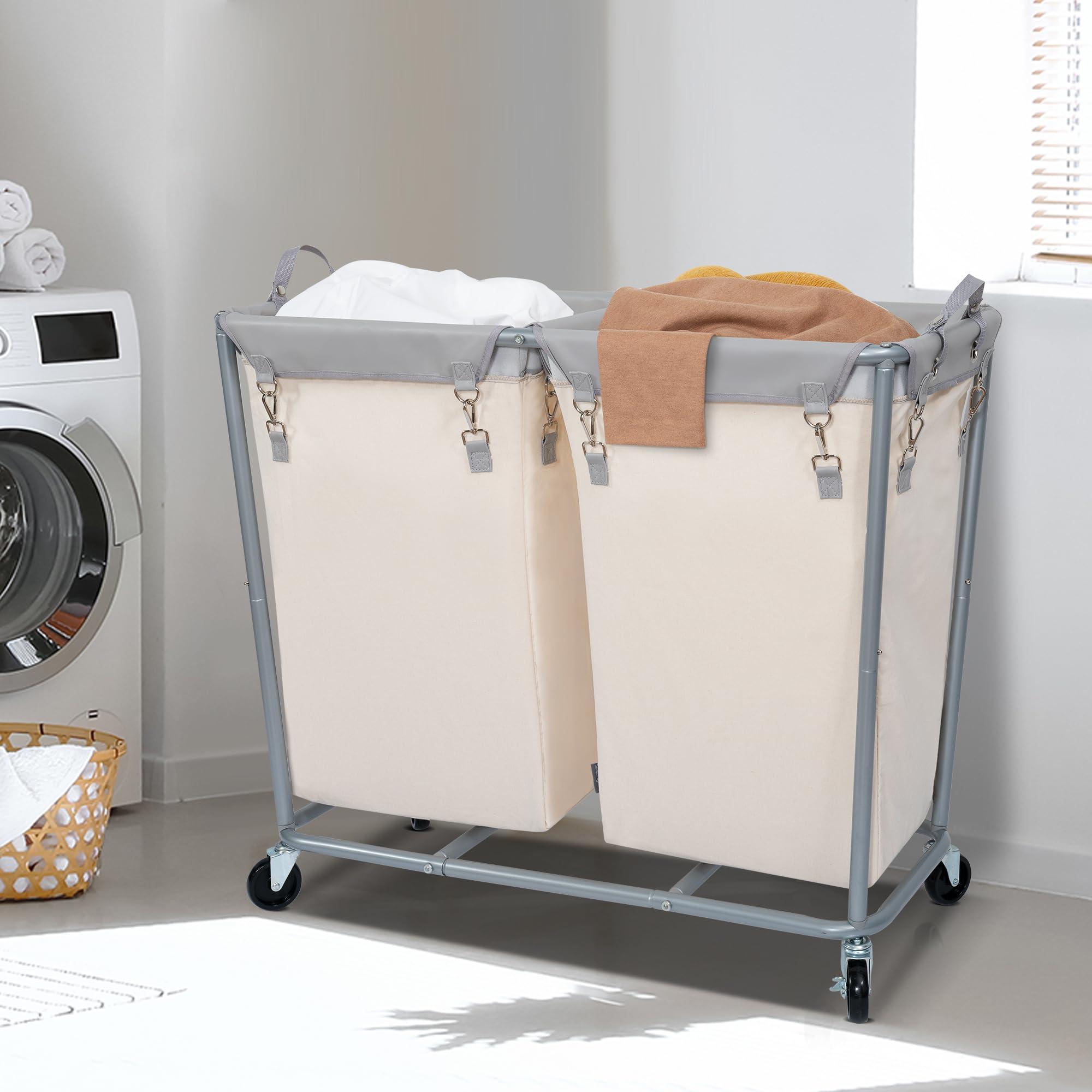 STORAGE MANIAC Commercial Laundry Hamper with Heavy Duty Steel Frame, 240 L Industrial Laundry Basket Cart with Wheels for Hotel, Home, Laundry Room, 37.5''L x 17.1''W x 31.8''H, 2 Section Beige - Image 2