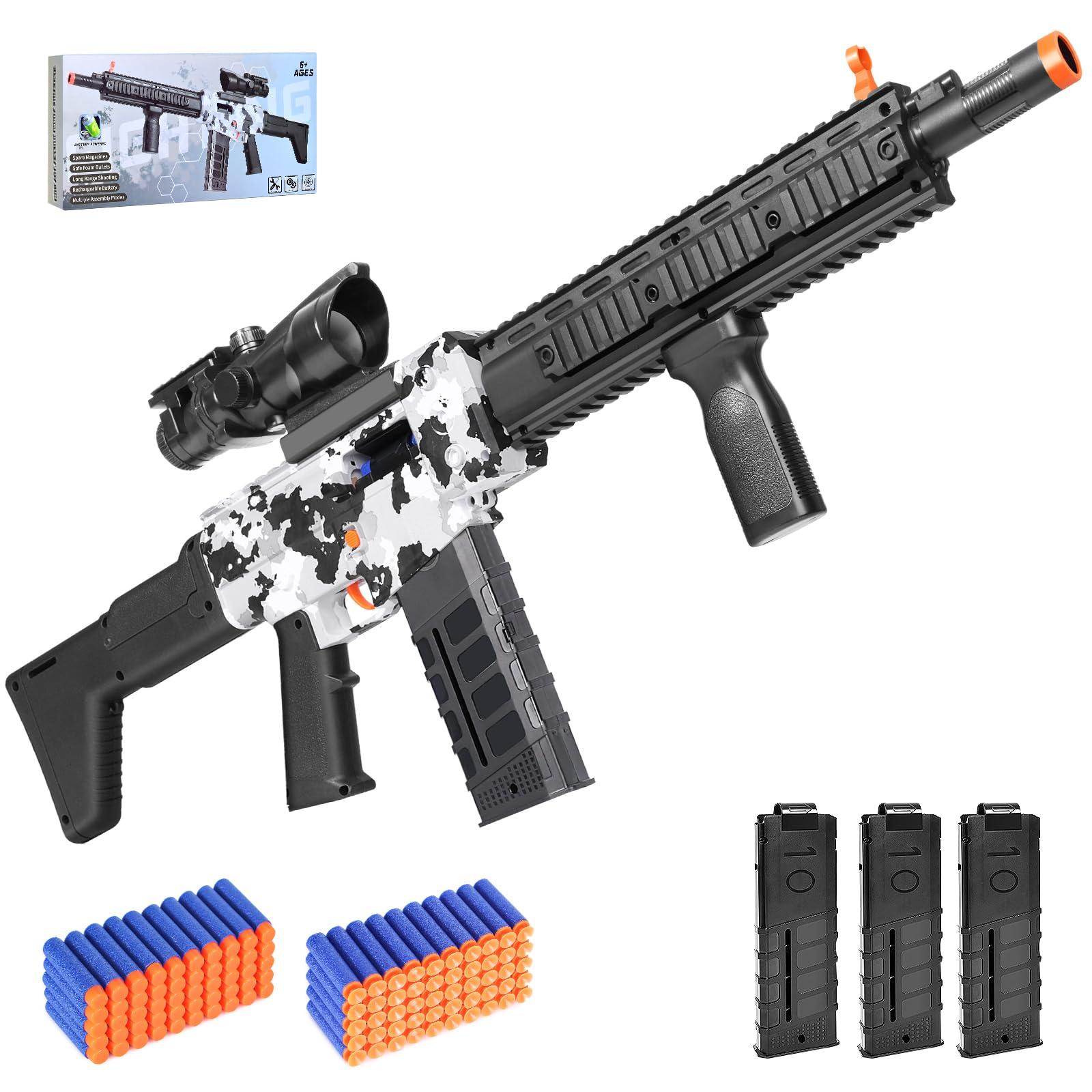 Realistic Sniper Rifle Toy Guns for Nerf Guns Bullets, Electric Foam Blaster Toy Set with Scope, 100 Soft Darts and 3 Magazines, Kids Semi Automatic Machine Toy Gun for Boys 8-12 Old