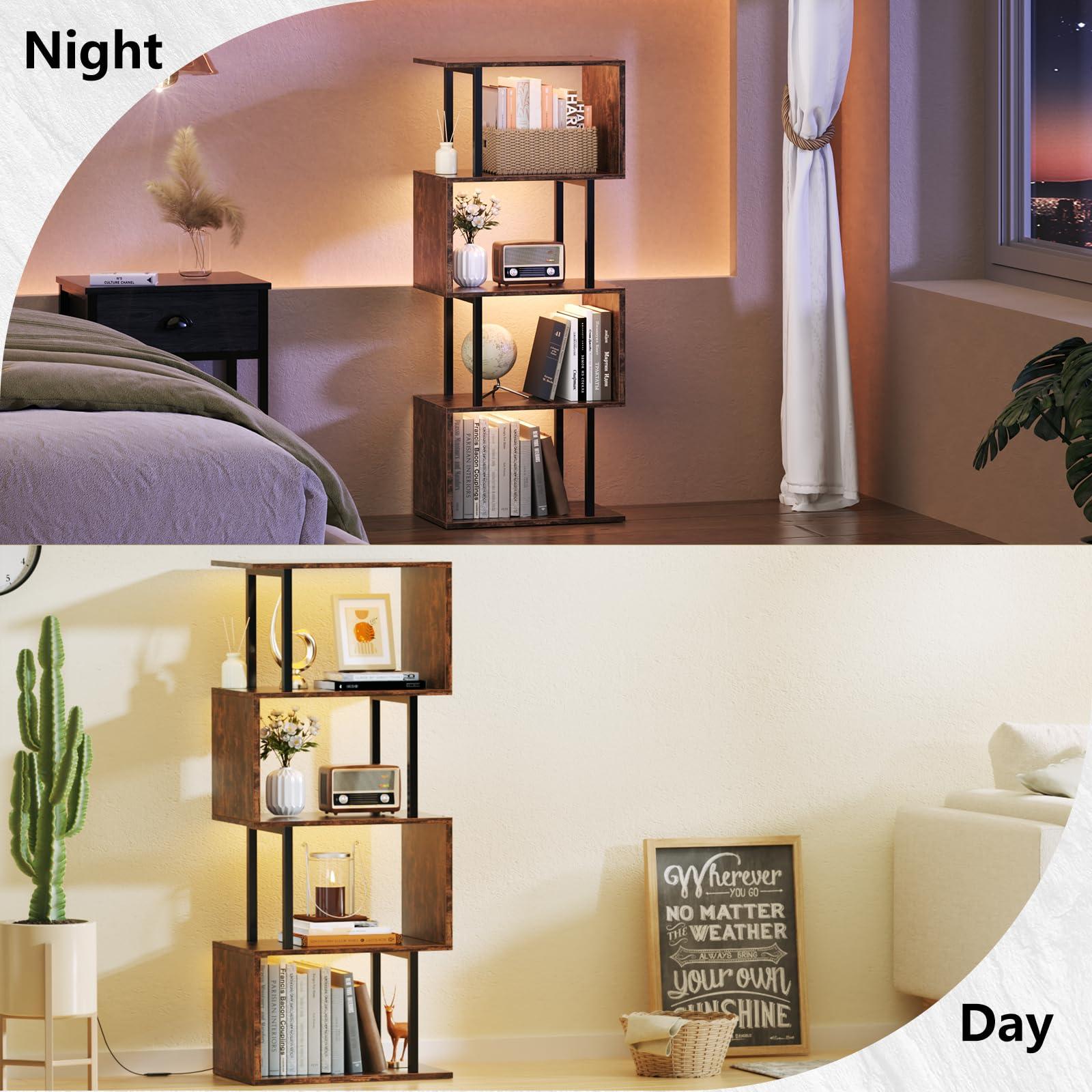 Furologee 5 Tier Geometric Bookshelf with LED Light, Small S-Shaped Bookcase, Industrial Display Standing Shelf, Metal Wooden Decorative Storage Shelves for Bedroom, Living Room, Office, Rustic Brown - Image 6