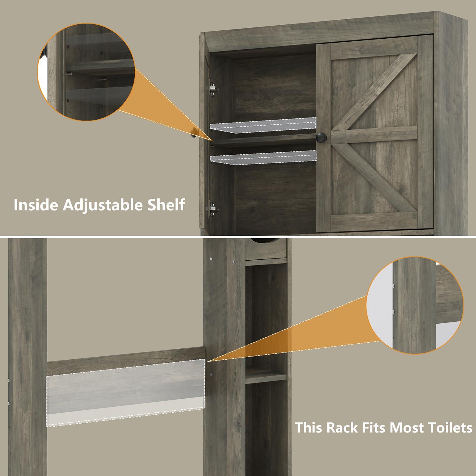 Furnideco 32.3''W Over The Toilet Storage Cabinet with Barn Doors, Over Toilet Shelf Farmhouse Storage Cabinet Space Saver with Toilet Paper Holder & Adjustable Bottom Bar, Gray - Image 6