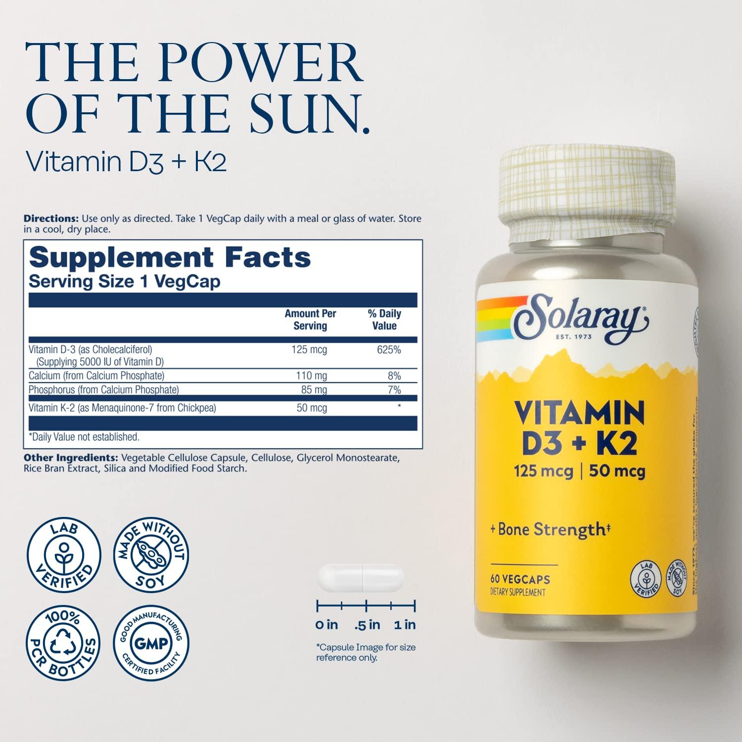 SOLARAY Vitamin D3 K2, K2 D3 Vitamin Supplement for Calcium Absorption, Bone Strength, Cardiovascular & Immune Function Support, Made Without Soy, 60-Day Guarantee, 60 Servings, 60 VegCaps - Image 2