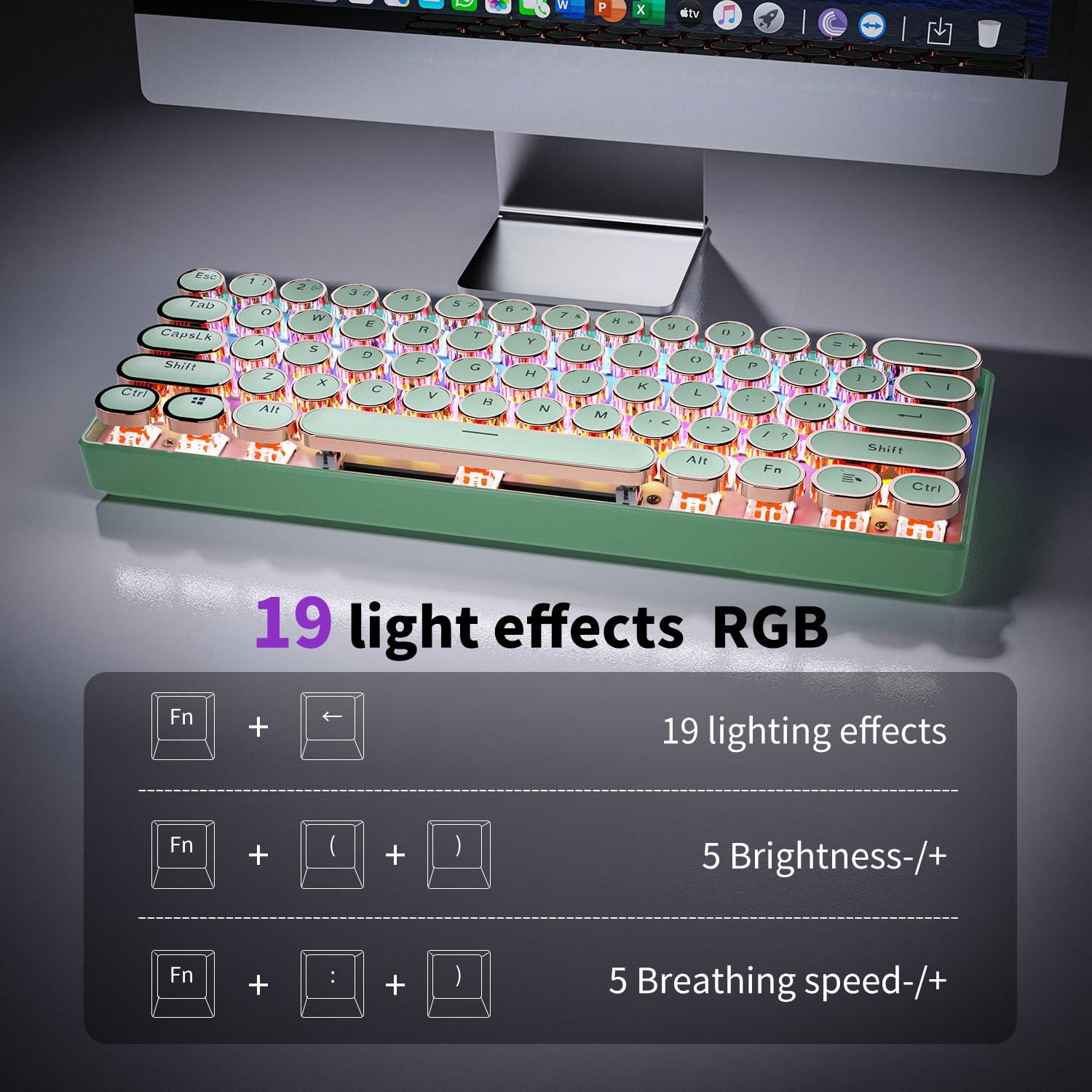 EWEADN G61 Typewriter Keyboard Wireless Mechanical Keyboards, 60% Mini Typewriter Keyboard with Rainbow Backlit, Anti-Ghosting, Red Switch Bluetooth/2.4GHz/USB-C Cute Aesthetic Keyboards-Green - Image 4
