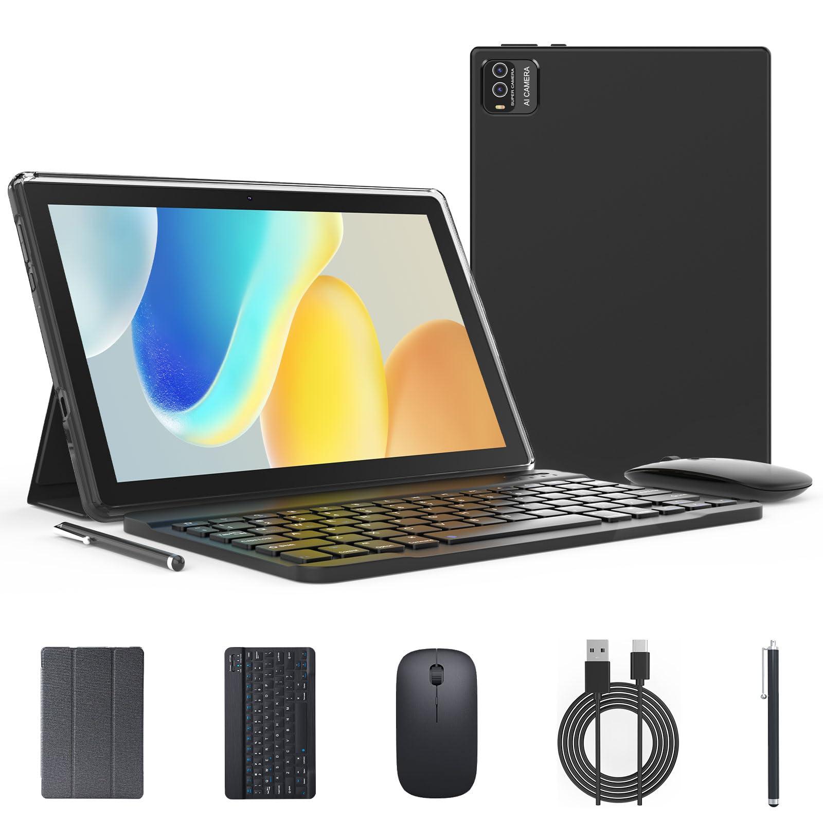 Andoird 14 Tablet 10 inch, 2 in 1 Tablets with Keyboard Case Stylus Mouse, 12GB RAM 64GB ROM 1TB Expand, Octa-Core 2.0Ghz, 5G WiFi, BT5.0, 6000mAh, 8MP Camera, 1280 x 800 HD Screen, Widevine L1, GMS