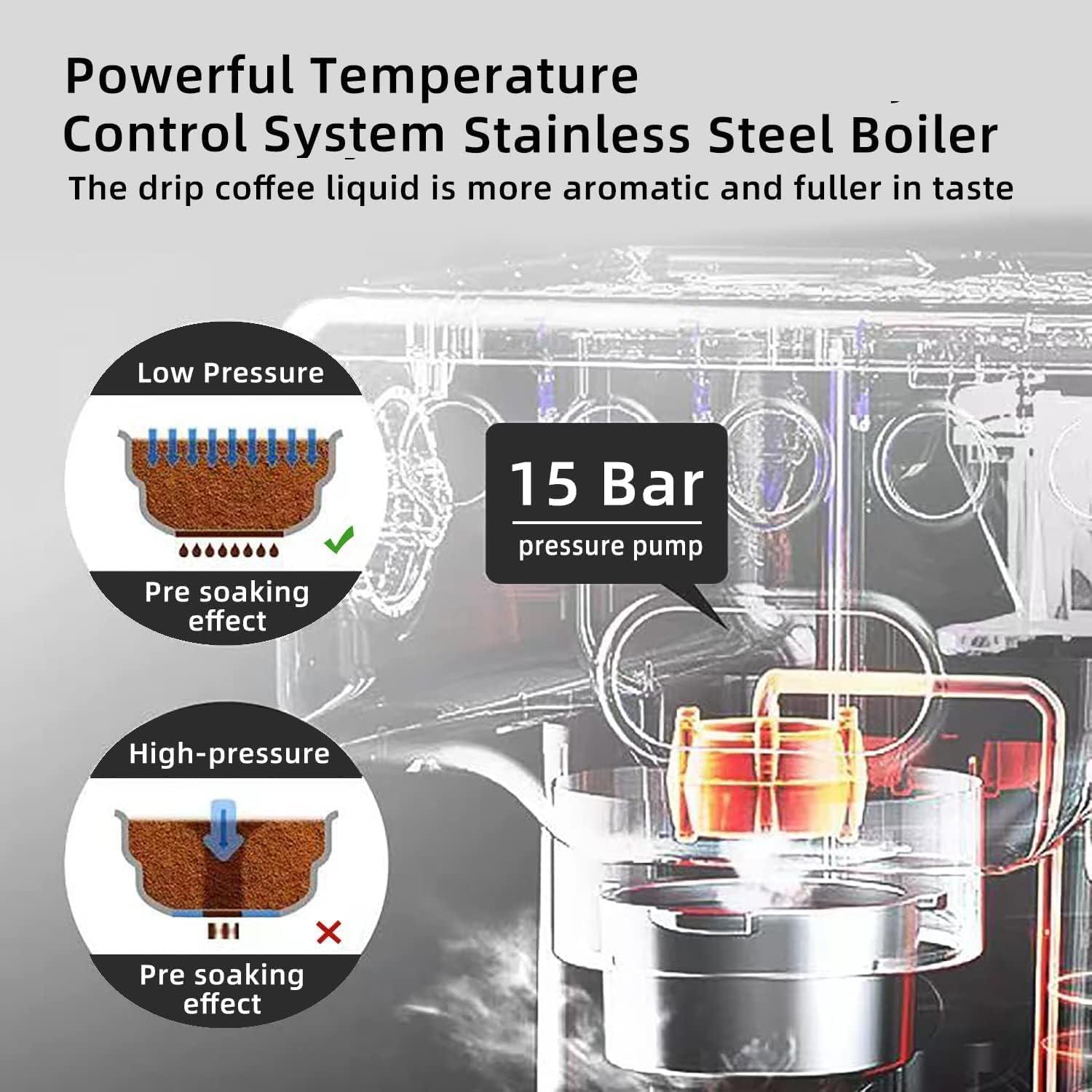 TWLITE 𝐄𝐬𝐩𝐫𝐞𝐬𝐬𝐨 𝐌𝐚𝐜𝐡𝐢𝐧𝐞 𝐰𝐢𝐭𝐡 𝐆𝐫𝐢𝐧𝐝𝐞𝐫, Professional Espresso Maker with Milk Frother Steam Wand, 15 Bar Barista Cappuccino Machine - Image 6