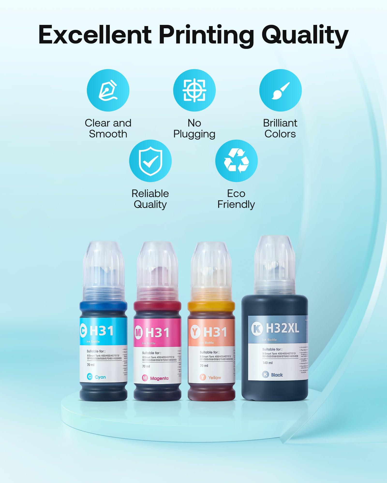 31 32XL Ink Bottle Refill Kit Compatible for HP Smart Tank 5101 7301 7602 7001 6001 Plus 551 651 455 457 450 All-in-One Ink-Tank Printers, 4-Pack (140ML 32XL Black Ink, 70ML 31 Color Ink) - Image 5